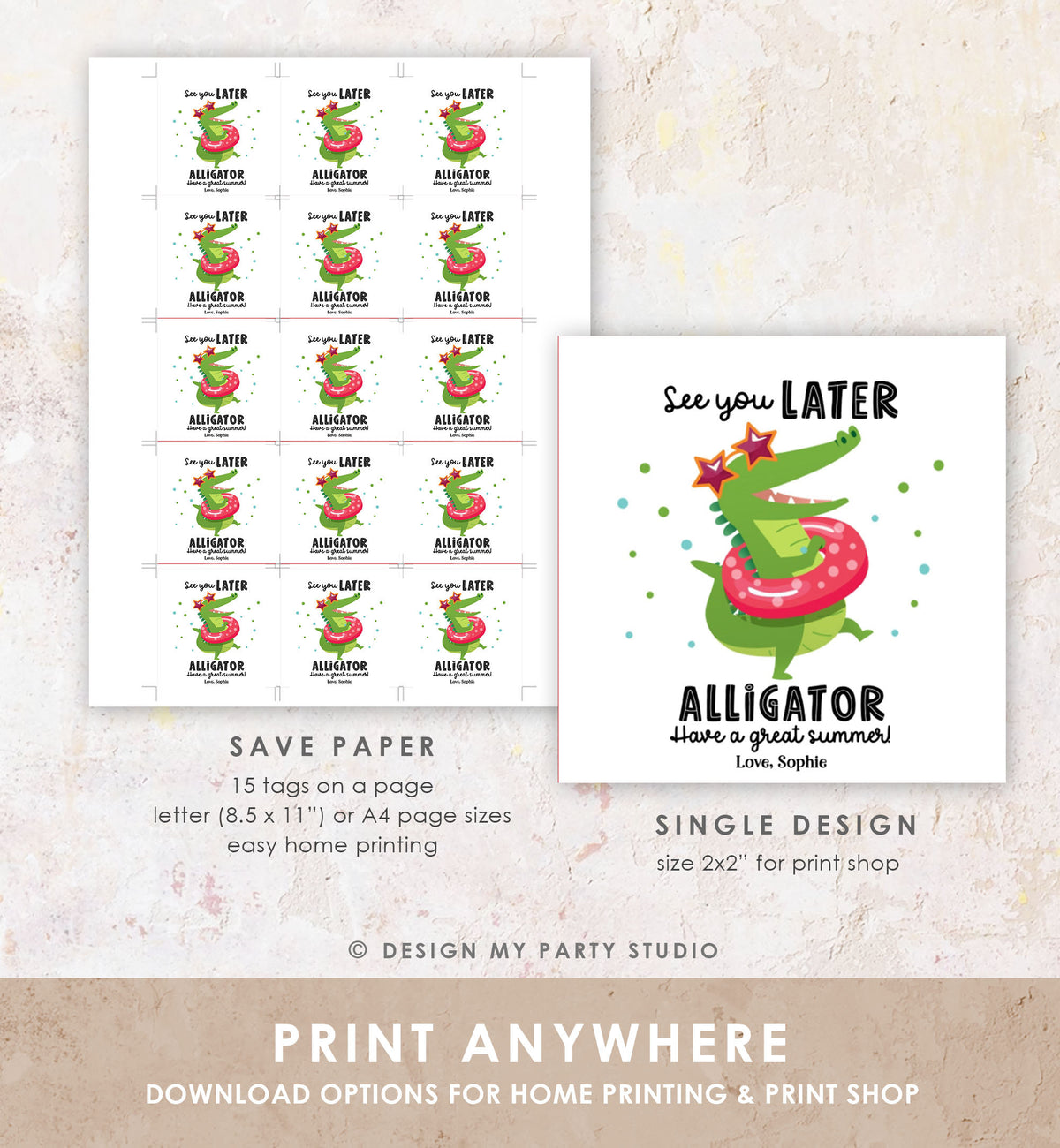 Editable Last Day of School Tag Alligator Summer End Of School Year Tag Summer Party Treat Sticker Digital Download Template Printable 0464