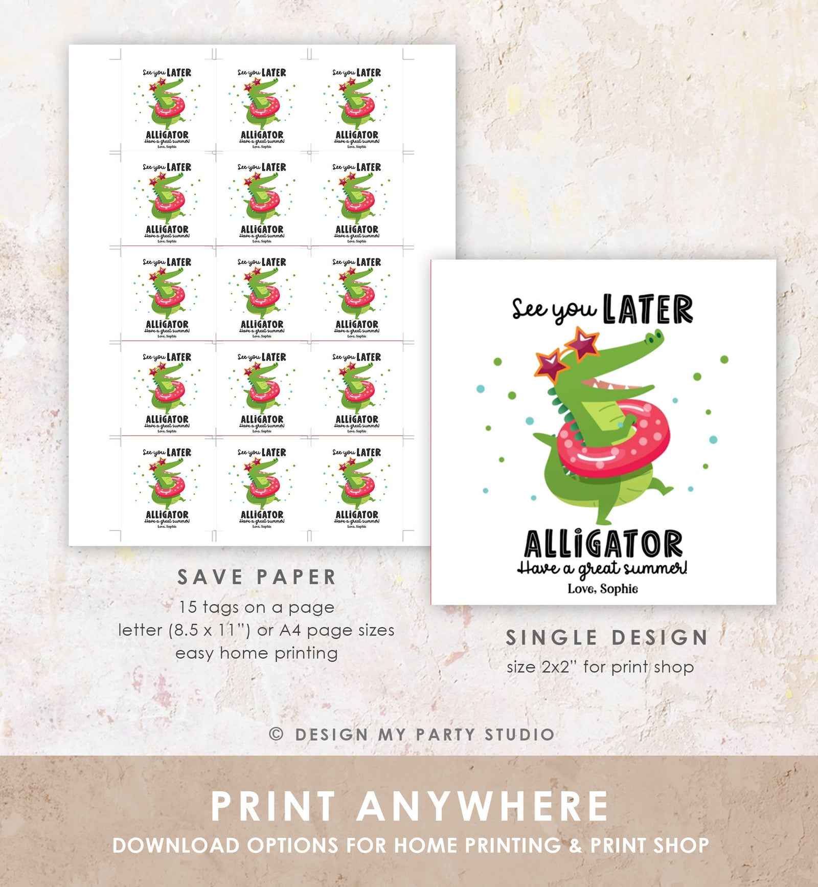 Editable Last Day of School Tag Alligator Summer End Of School Year Tag Summer Party Treat Sticker Digital Download Template Printable 0464