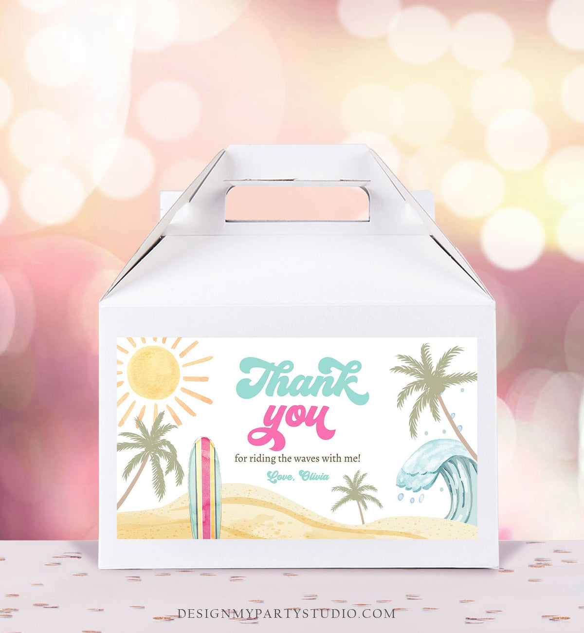 Editable Surf Gable Box Favor Label Surf Birthday Favor Box Label GirlThe Big One Retro Surfboard Digital Download Template Printable 0433