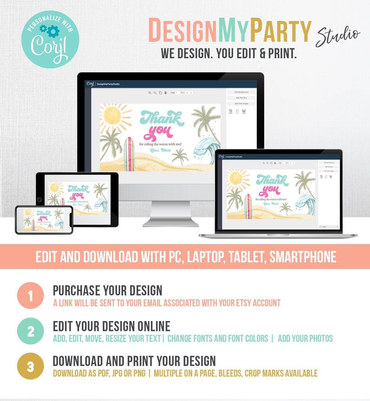 Editable Surf Gable Box Favor Label Surf Birthday Favor Box Label GirlThe Big One Retro Surfboard Digital Download Template Printable 0433