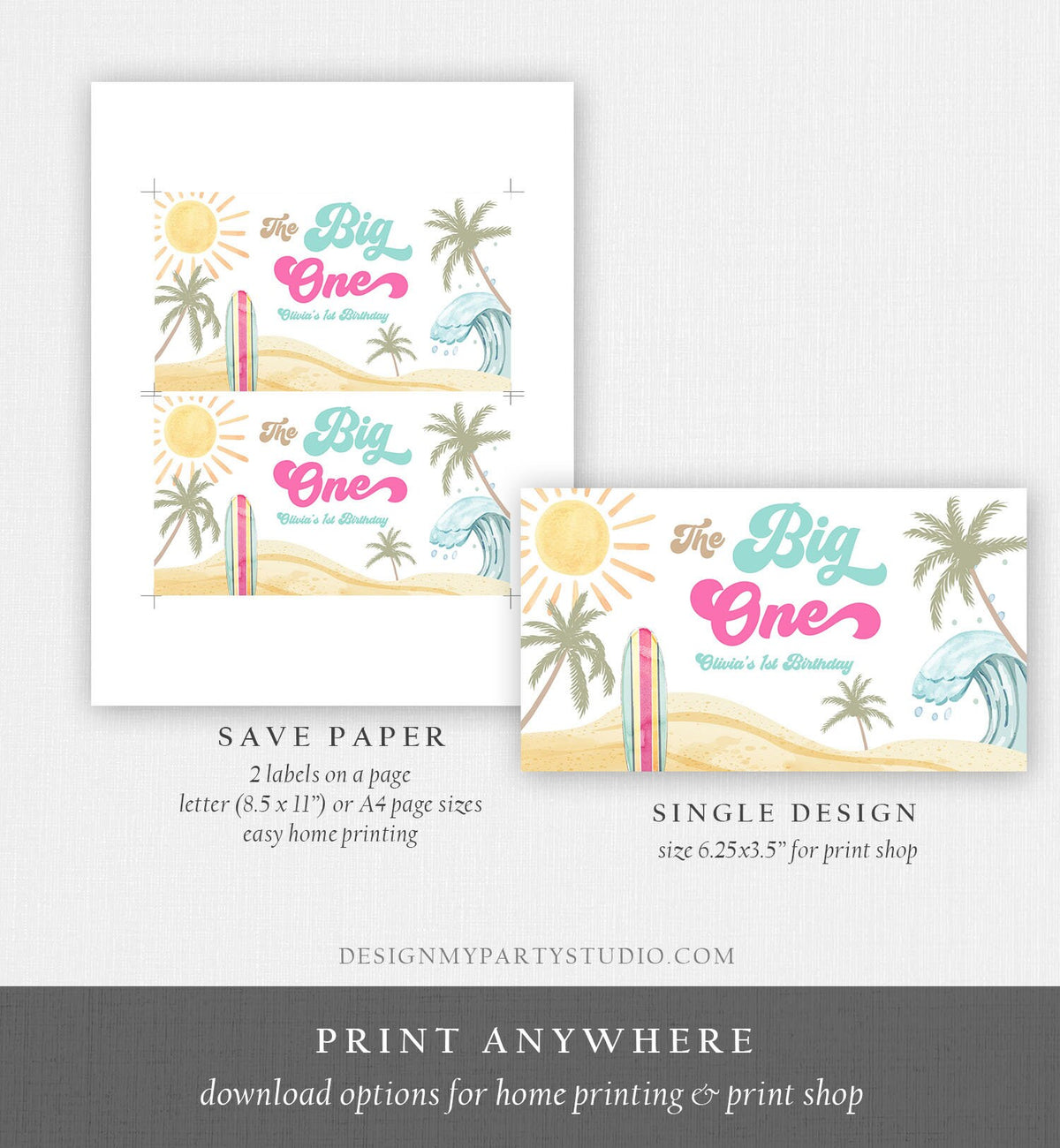 Editable Surf Gable Box Favor Label Surf Birthday Favor Box Girl The Big One Retro Surfboard 1st Digital Download Template Printable 0433