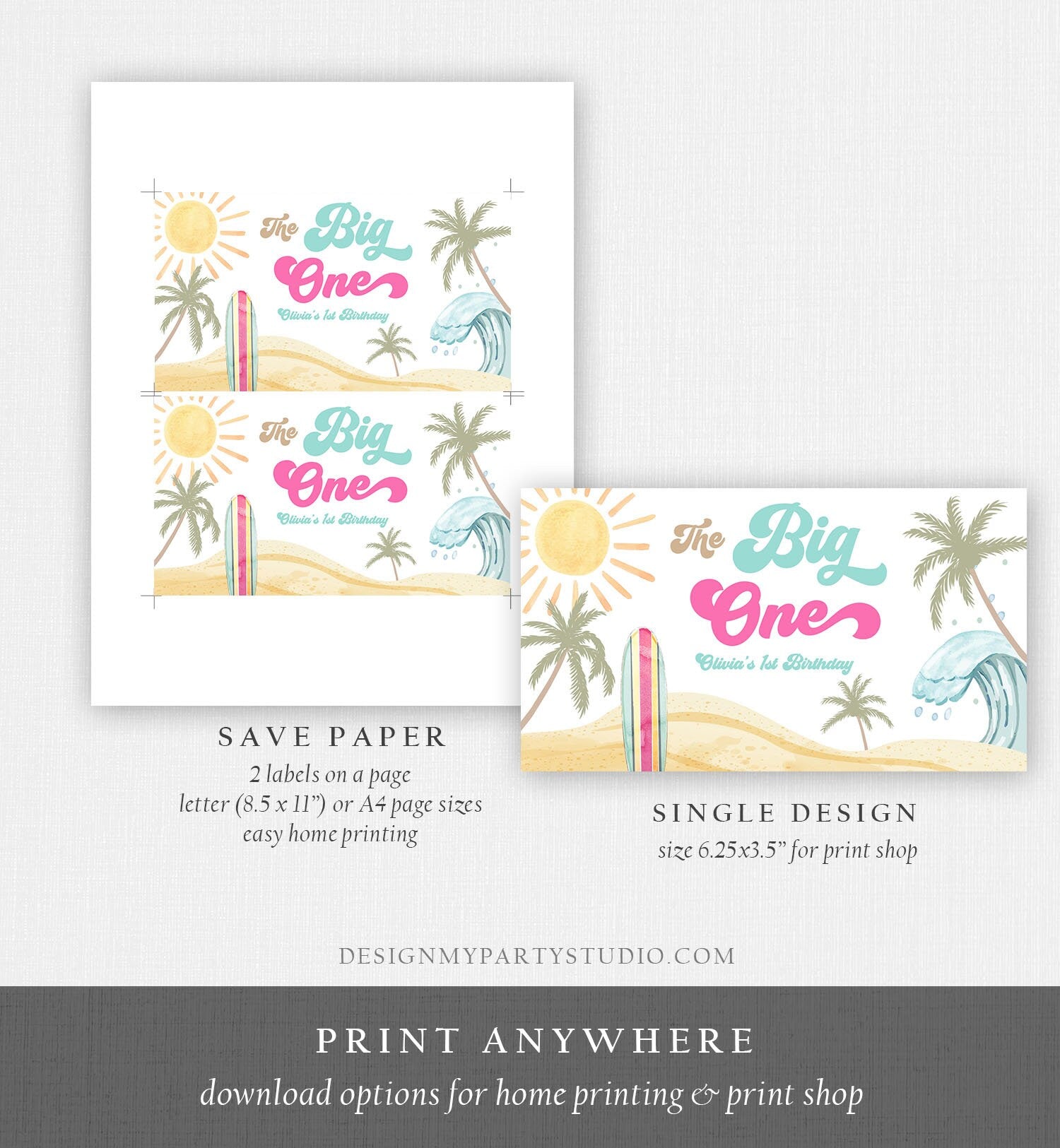 Editable Surf Gable Box Favor Label Surf Birthday Favor Box Girl The Big One Retro Surfboard 1st Digital Download Template Printable 0433