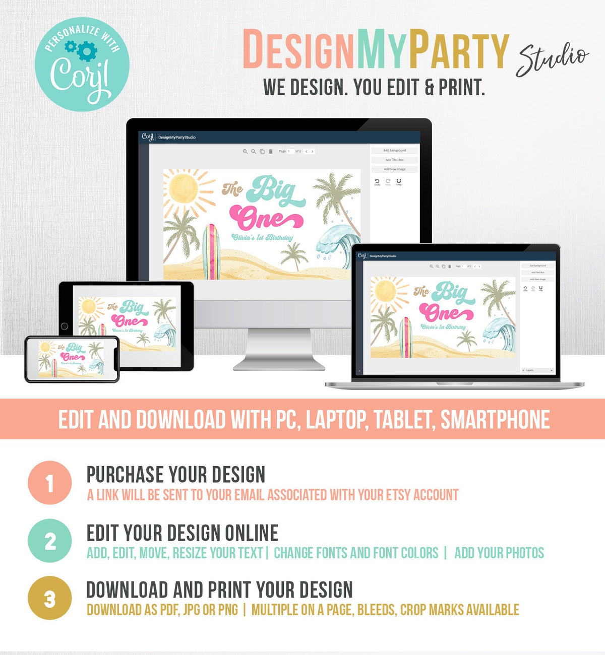 Editable Surf Gable Box Favor Label Surf Birthday Favor Box Girl The Big One Retro Surfboard 1st Digital Download Template Printable 0433