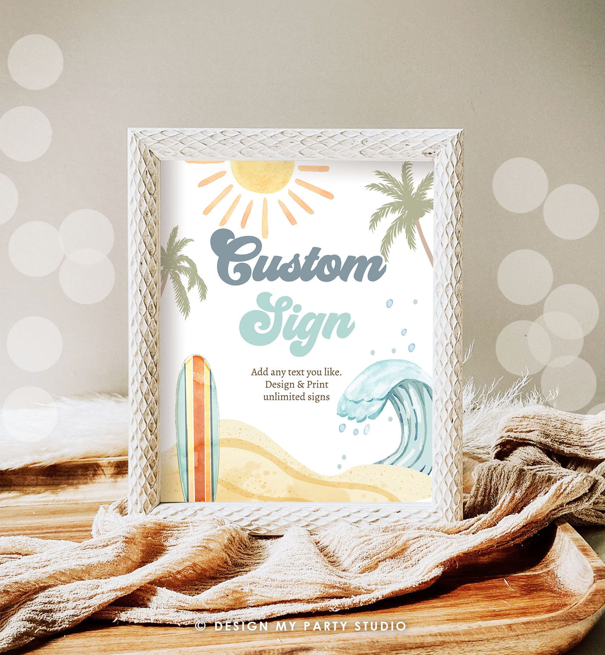 Editable Custom Sign Surf Birthday Party Sign Boy The Big One Surfing Birthday Sign Beach Party Retro Wave Template Corjl PRINTABLE 0433