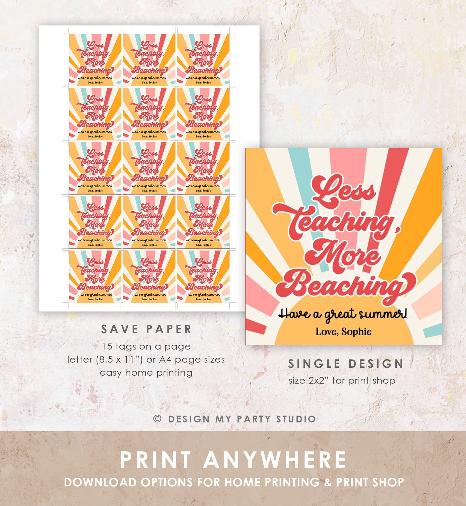 Editable Summer Teacher Appreciation Gift Tag Kids Less Teaching More Beaching Tag End Of School Year Tag Digital Template Printable 0464