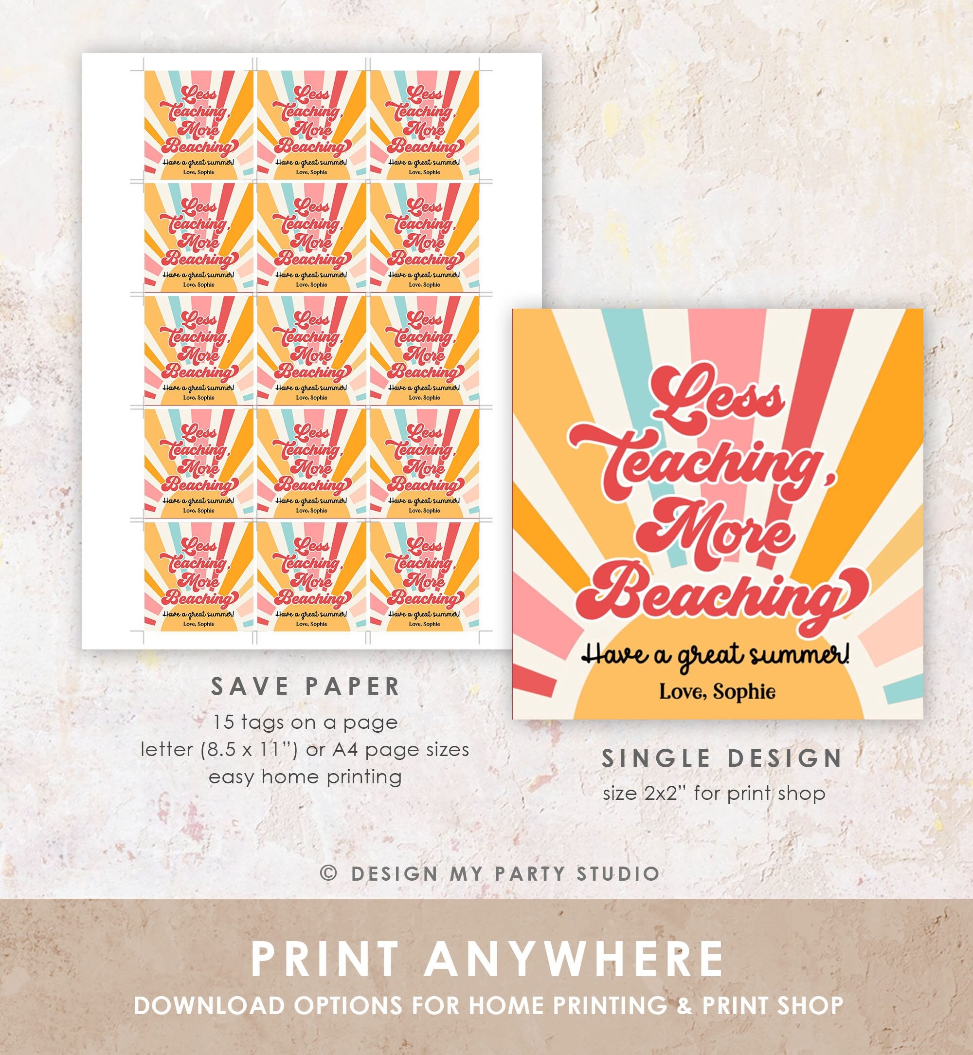 Editable Summer Teacher Appreciation Gift Tag Kids Less Teaching More Beaching Tag End Of School Year Tag Digital Template Printable 0464