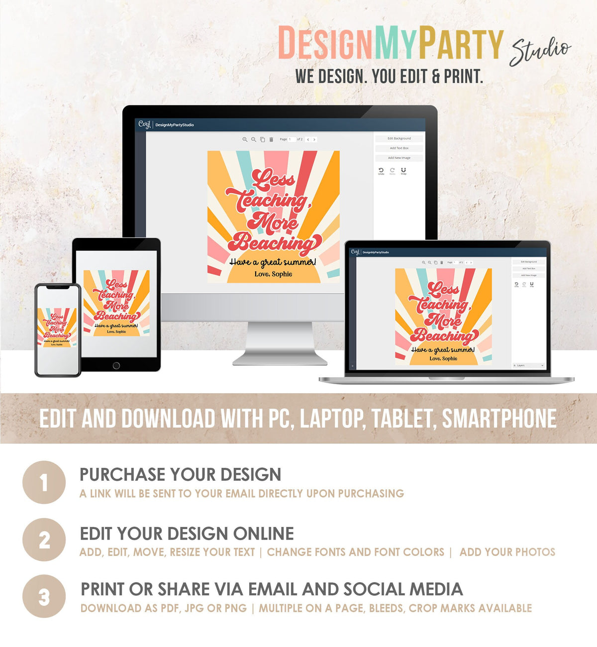 Editable Summer Teacher Appreciation Gift Tag Kids Less Teaching More Beaching Tag End Of School Year Tag Digital Template Printable 0464