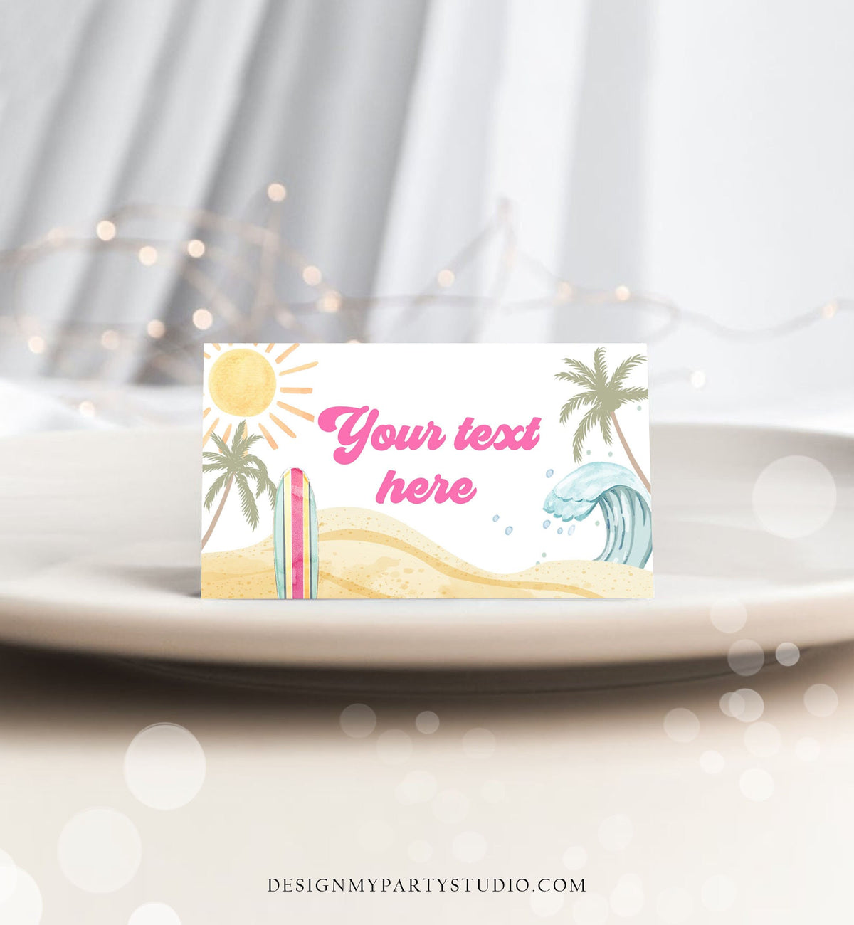 Editable Surf Food Labels Surfboard Birthday Place Card Tent Buffet Beach Party The Big One Retro Girl Decor Digital Template Printable 0433