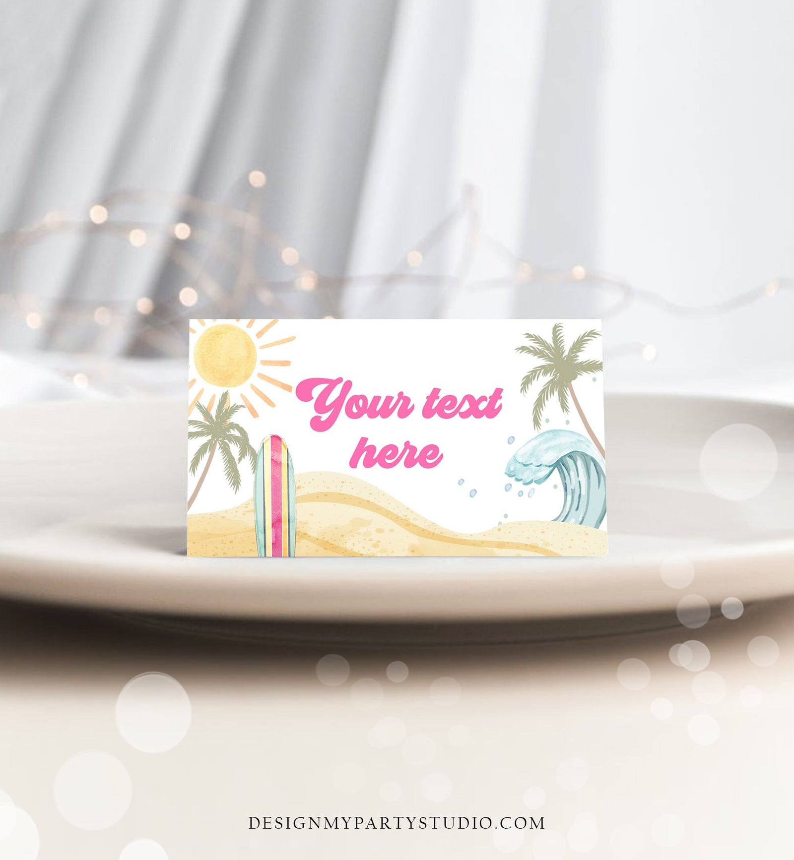 Editable Surf Food Labels Surfboard Birthday Place Card Tent Card Buffet Card Beach Party The Big One Retro Girl Decor Corjl Template 0433
