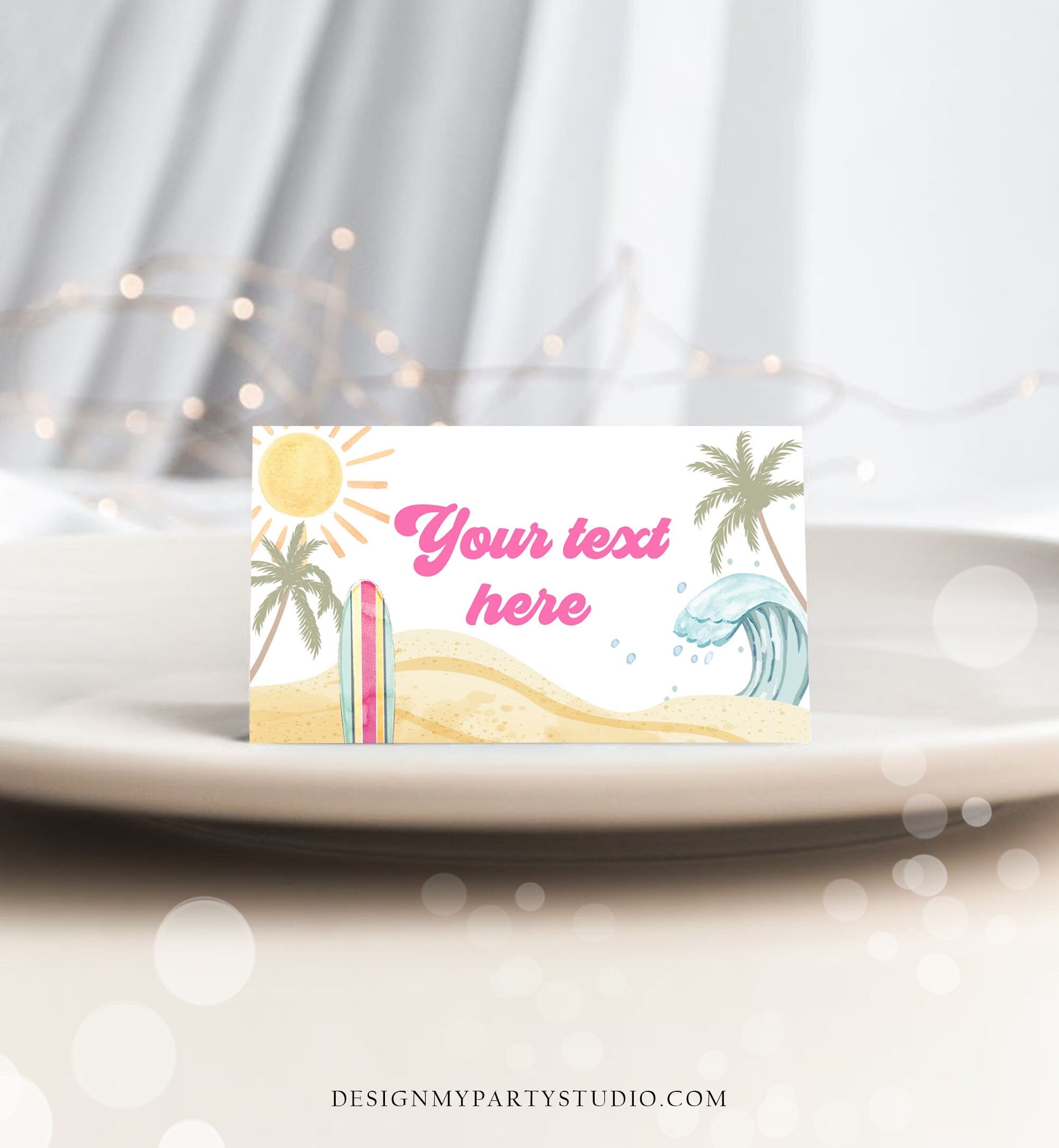 Editable Surf Food Labels Surfboard Birthday Place Card Tent Card Buffet Card Beach Party The Big One Retro Girl Decor Corjl Template 0433