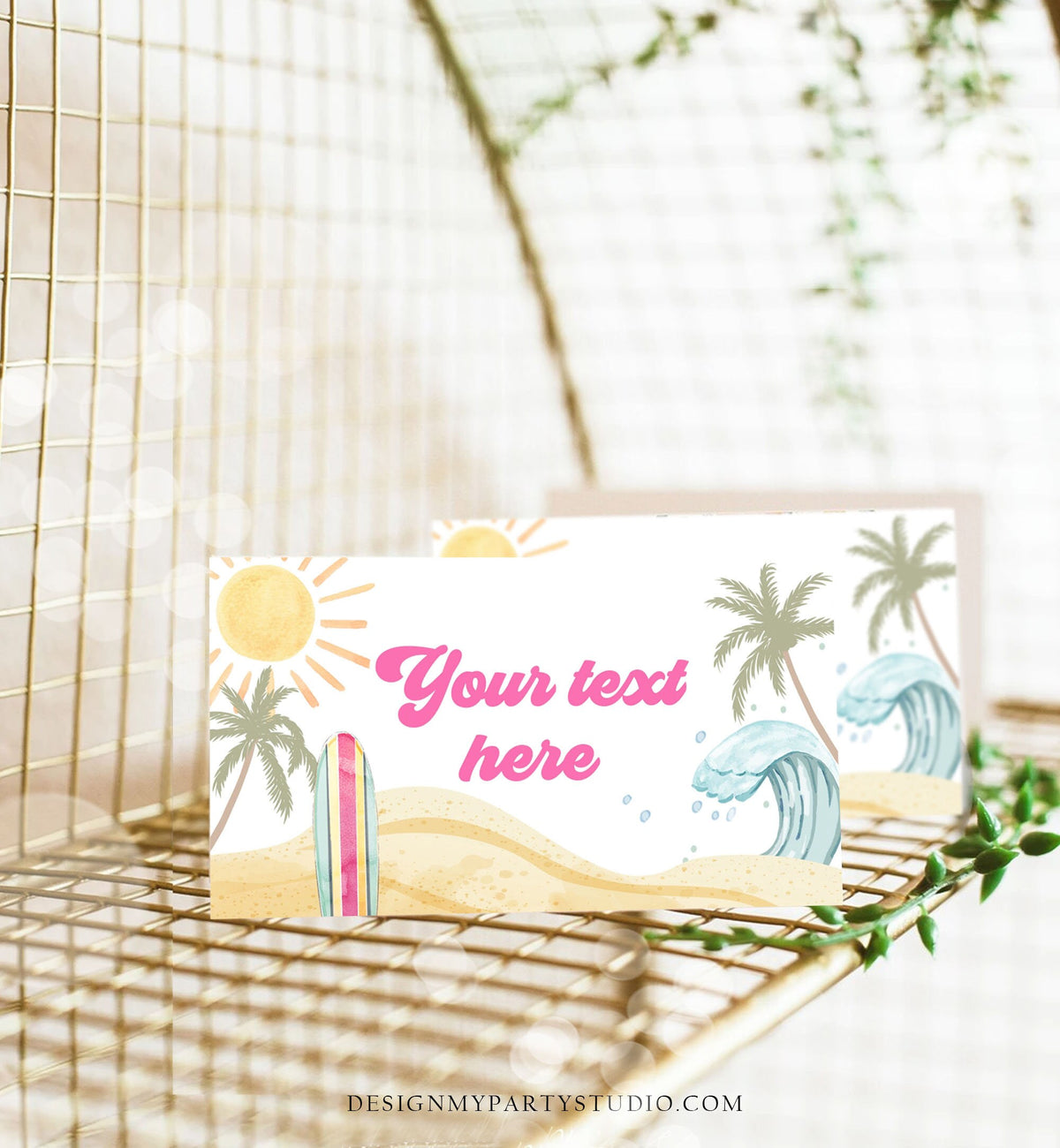 Editable Surf Food Labels Surfboard Birthday Place Card Tent Buffet Beach Party The Big One Retro Girl Decor Digital Template Printable 0433