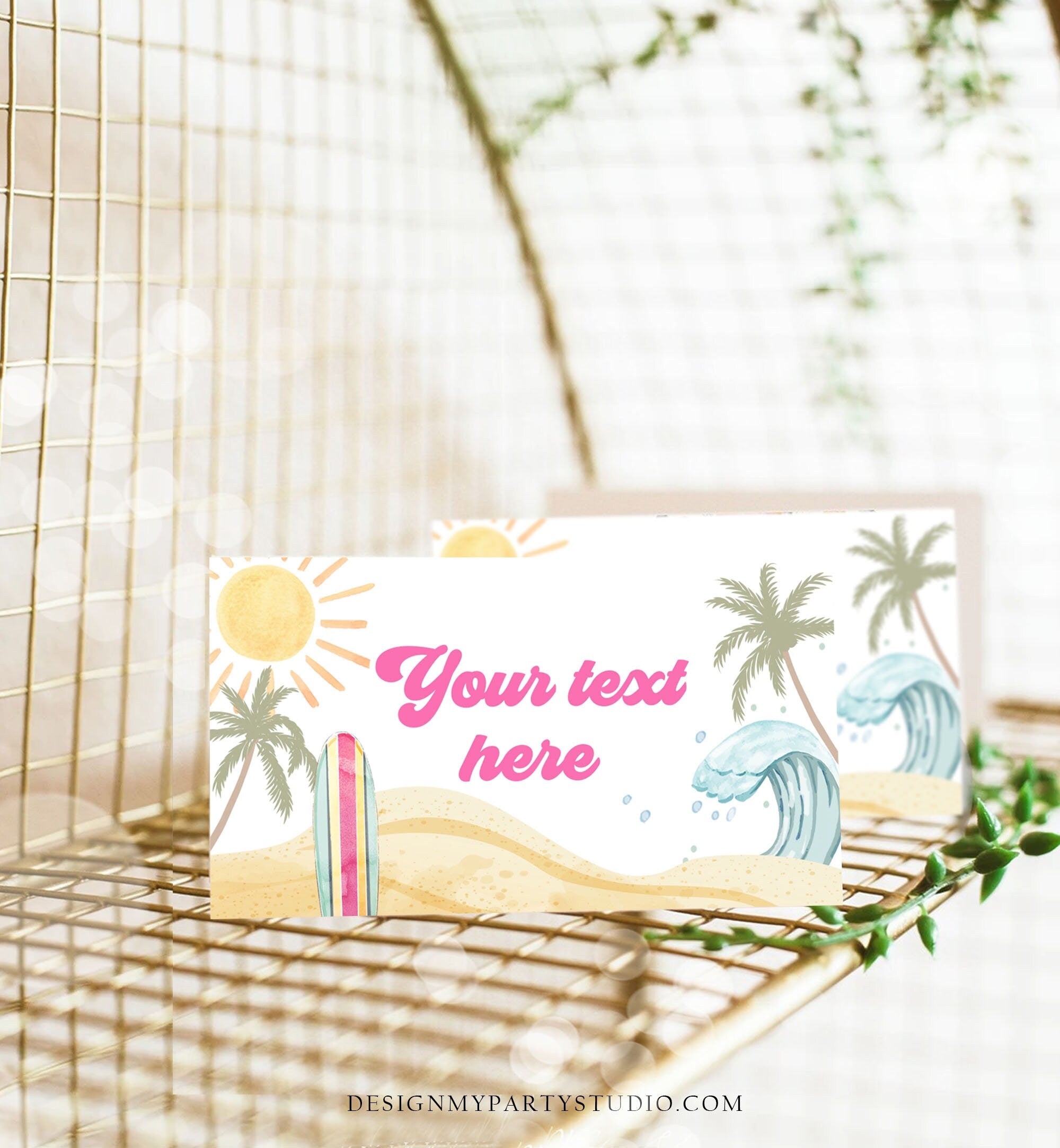 Editable Surf Food Labels Surfboard Birthday Place Card Tent Buffet Beach Party The Big One Retro Girl Decor Digital Template Printable 0433