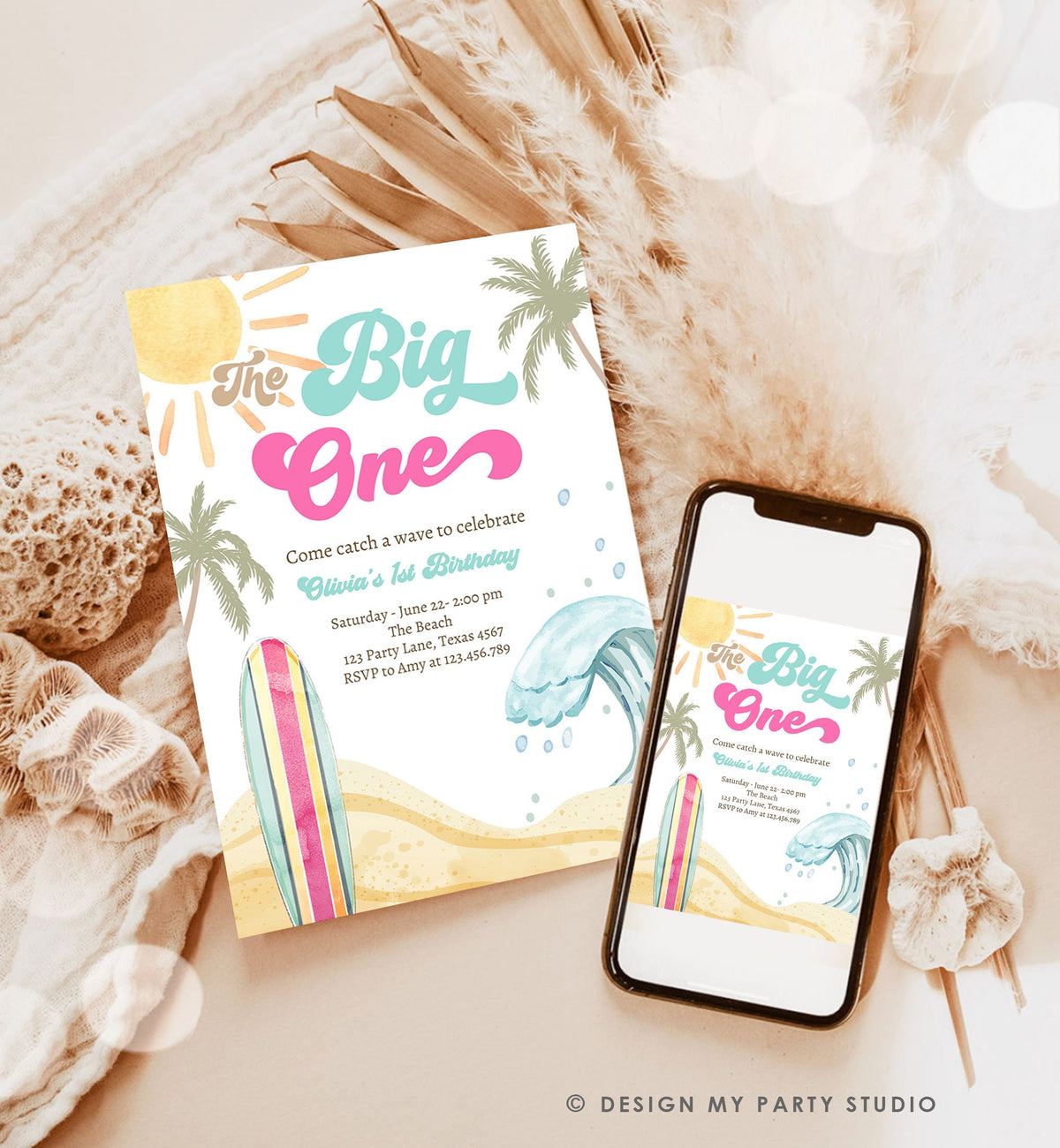 Editable The Big One Surf 1st Birthday Invitation Retro Surfboard Beach Party Girl Pink Surfer Boho Digital Download Template Printable 0433