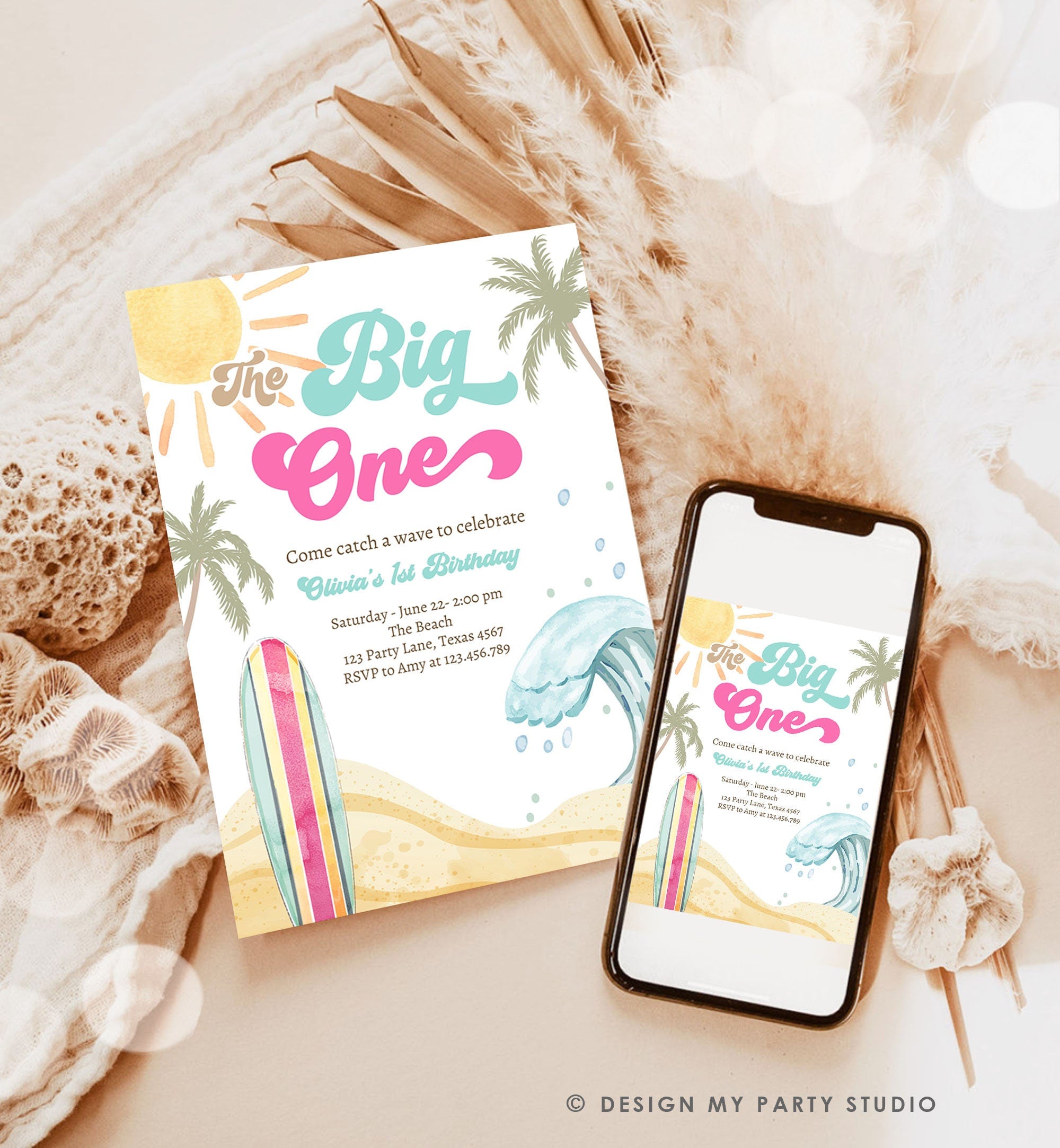 Editable The Big One Surf 1st Birthday Invitation Retro Surfboard Beach Party Girl Pink Surfer Boho Digital Download Template Printable 0433