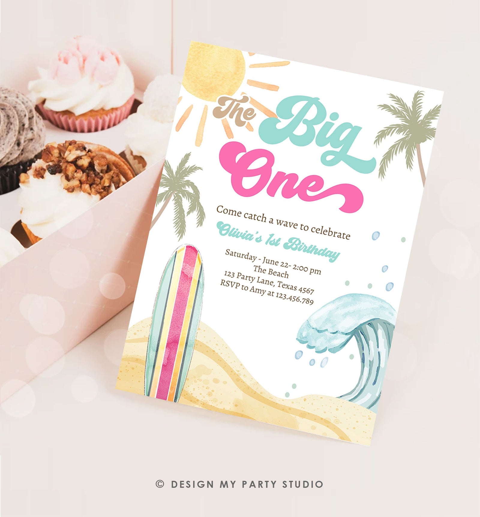 Editable The Big One Surf 1st Birthday Invitation Retro Surfboard Beach Party Girl Pink Surfer Boho Digital Download Template Printable 0433