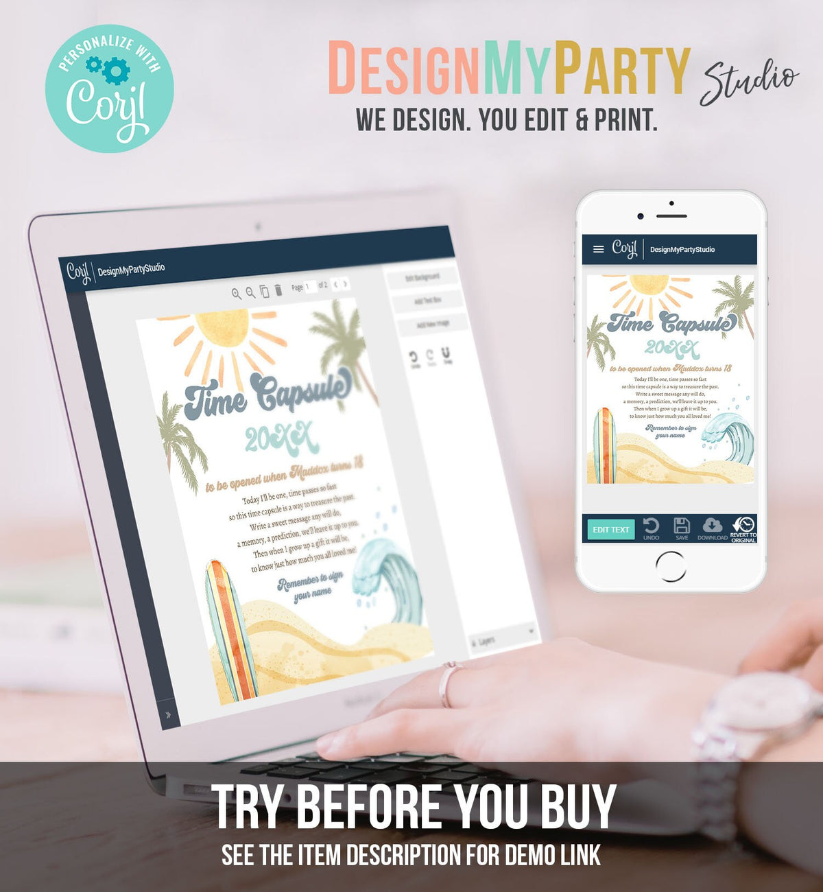 Editable Time Capsule Surf First Birthday Party Surfing Decorations The Big One Boy 1st Beach Wave Retro Template Printable Corjl 0433