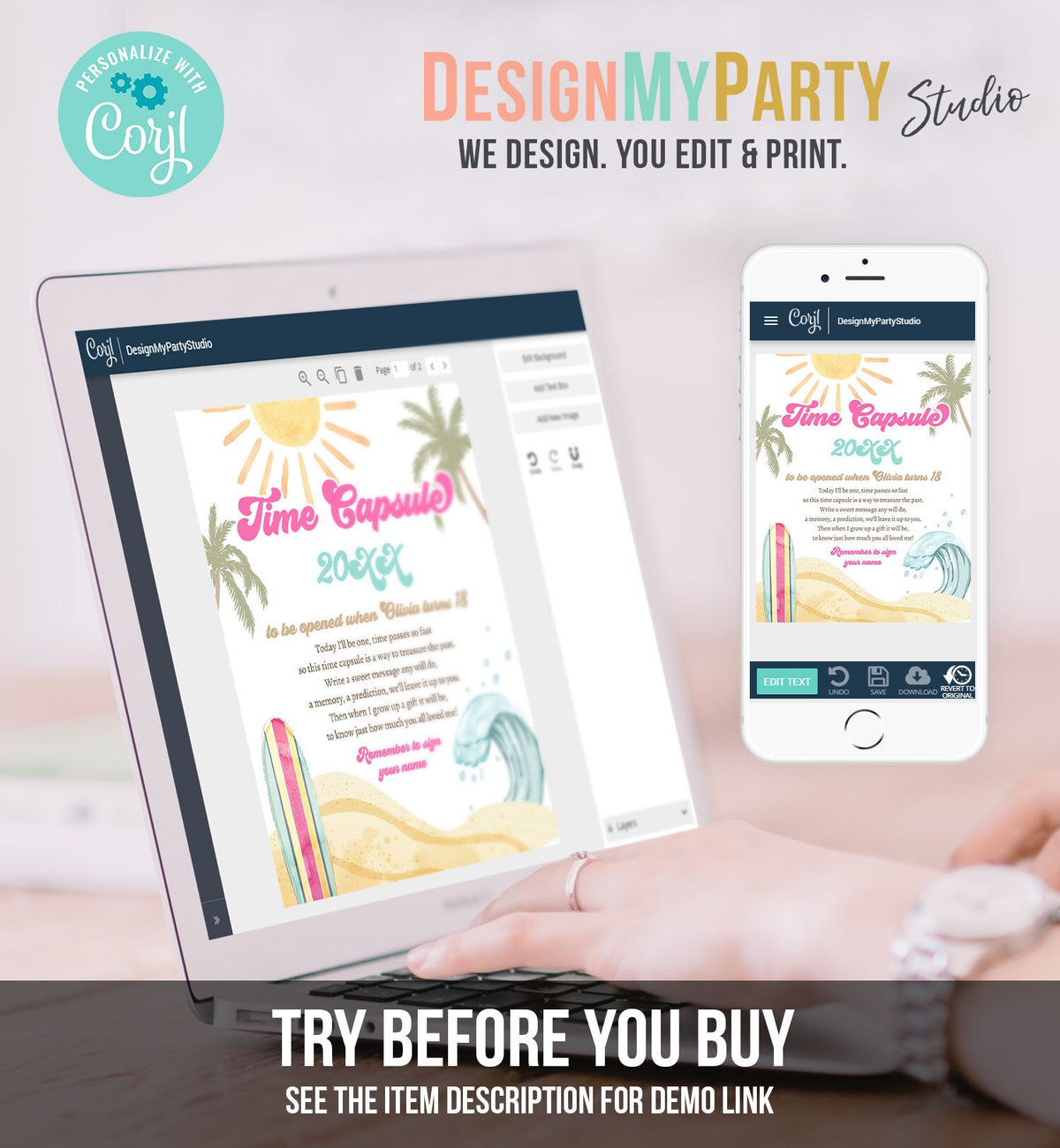 Editable Time Capsule Surf First Birthday Party Surfing Decorations The Big One Girl 1st Beach Wave Retro Digital Template Printable 0433