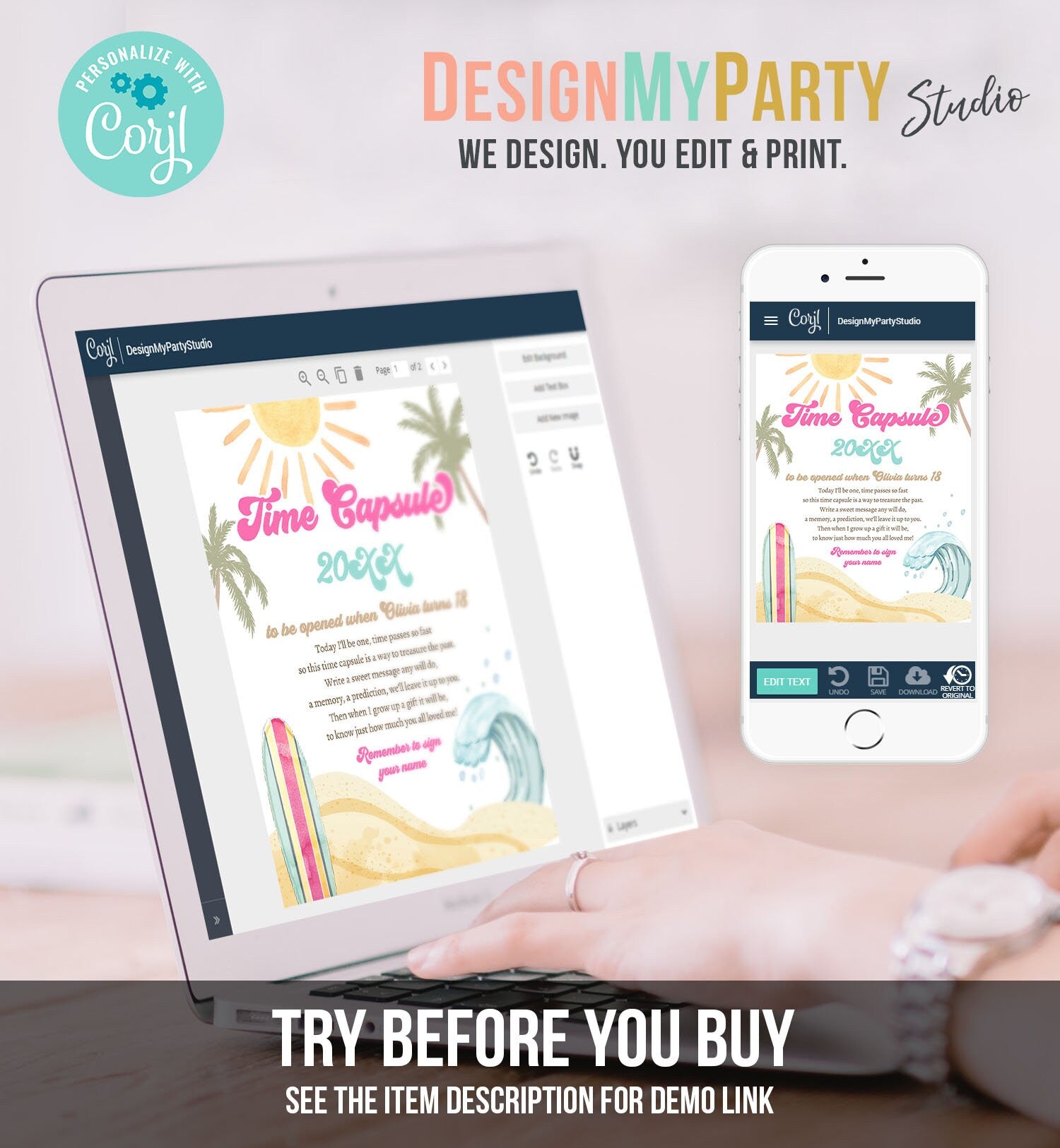 Editable Time Capsule Surf First Birthday Party Surfing Decorations The Big One Girl 1st Beach Wave Retro Digital Template Printable 0433