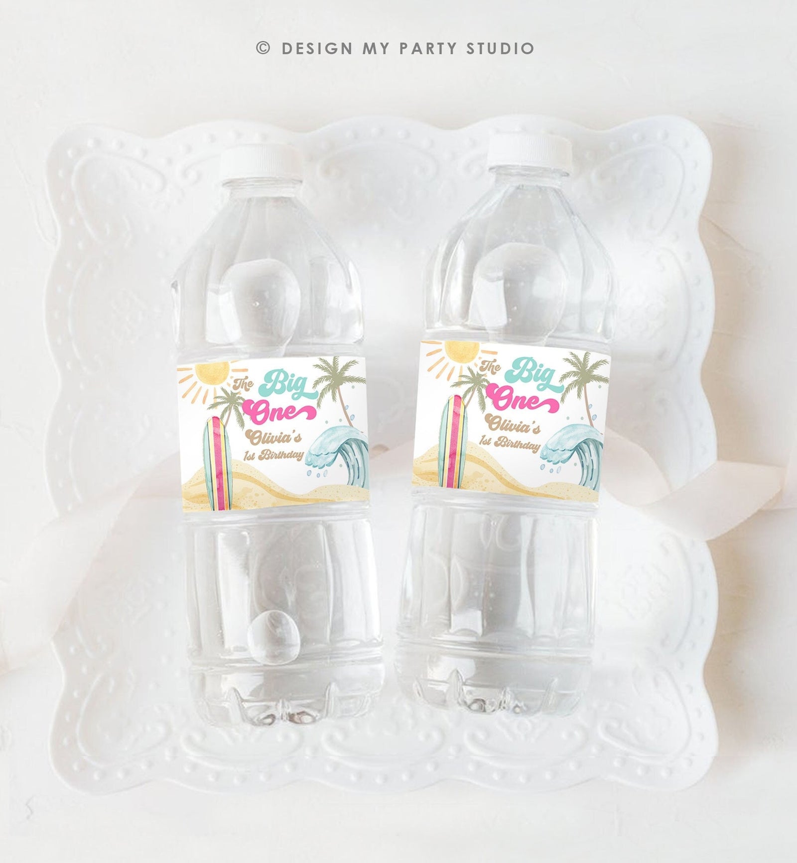 Editable Surf Water Bottle Label The Big One Party Decor Surf 1st Birthday Retro Girl Surfboard Digital Download Template Printable 0433