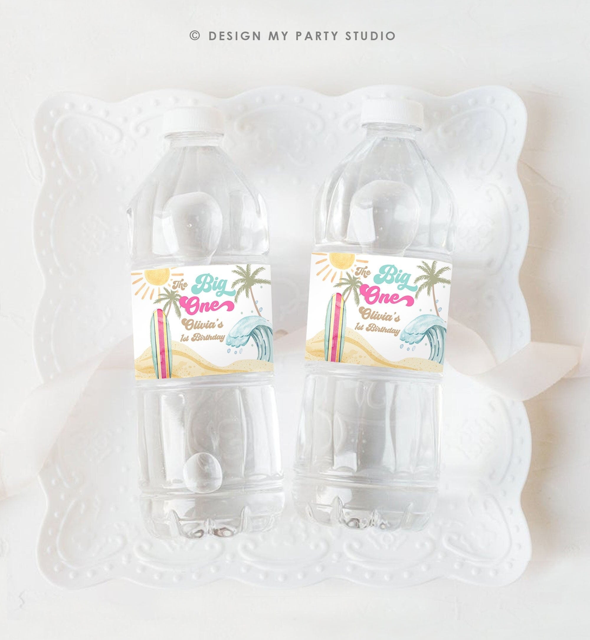 Editable Surf Water Bottle Label The Big One Party Decor Surf 1st Birthday Retro Girl Surfboard Digital Download Template Printable 0433