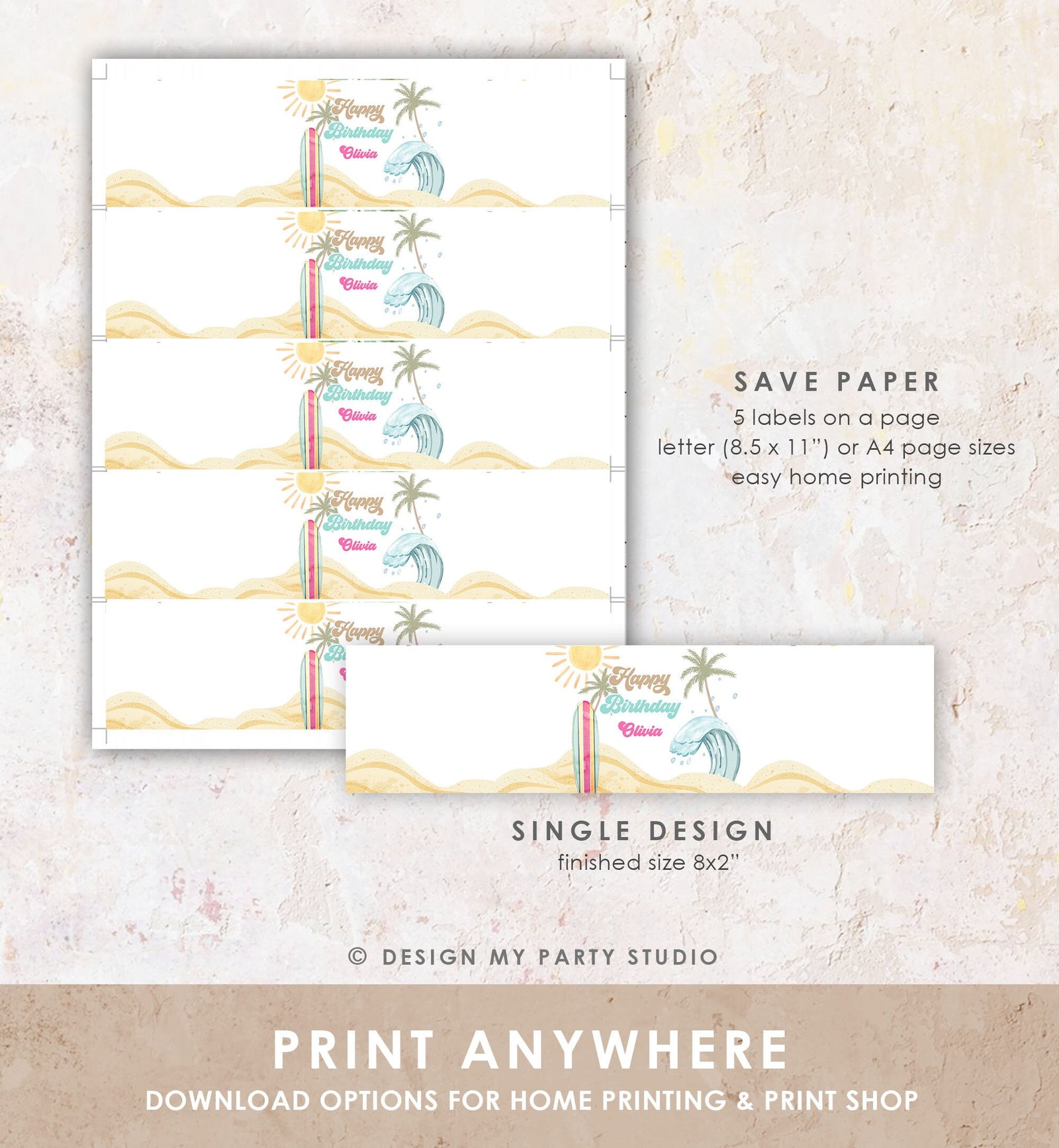 Editable Surf Water Bottle Label The Big One Party Decor Surf 1st Birthday Retro Girl Surfboard Digital Download Template Printable 0433