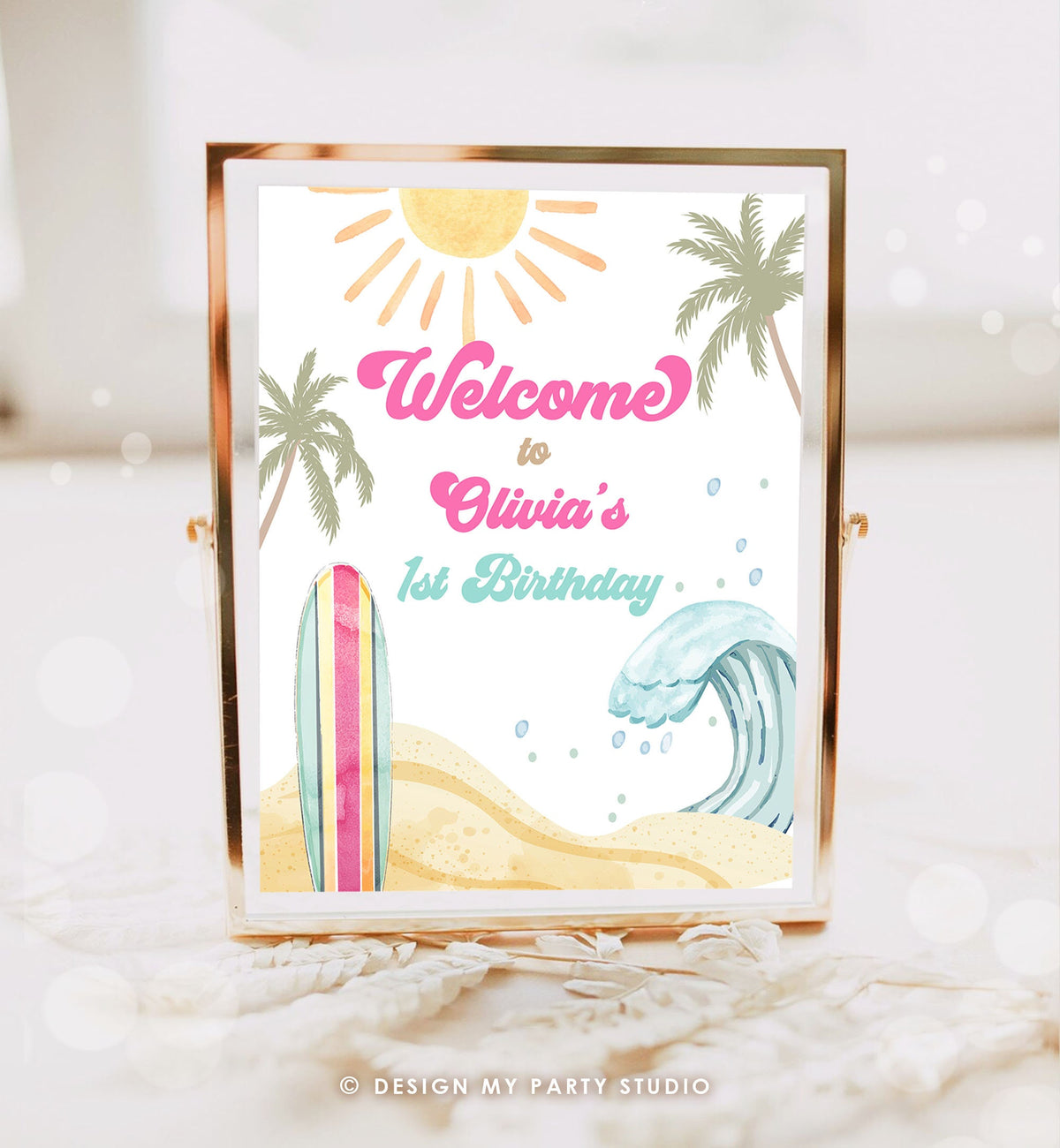Editable Surf Birthday Welcome Sign Girl The Big One Birthday First Welcome Sign Beach Party Retro Big Wave Digital Template Printable 0433