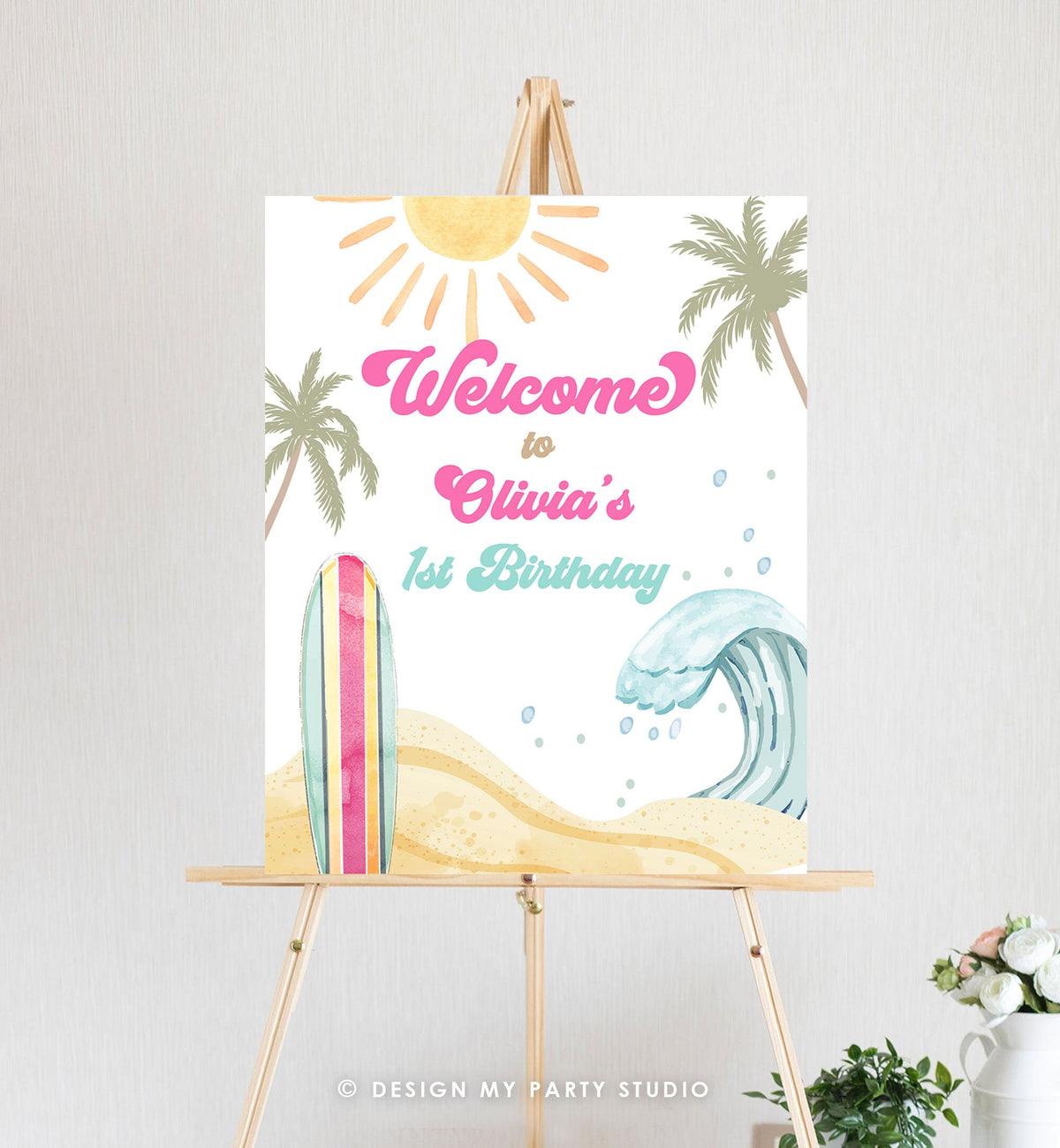 Editable Surf Birthday Welcome Sign Girl The Big One Birthday First Welcome Sign Beach Party Retro Big Wave Digital Template Printable 0433