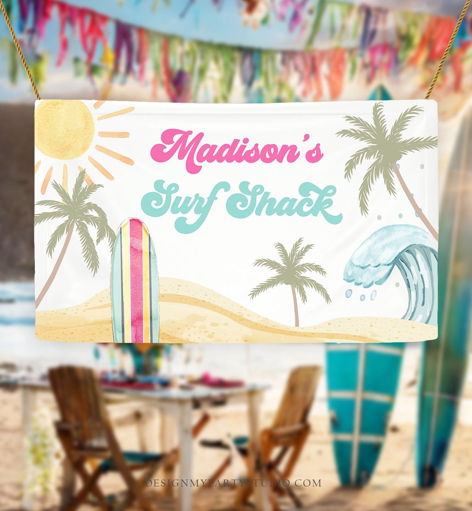 Editable Surf Birthday Backdrop Banner Surfing Girl First Beach The Big One Surf Shack Digital Download Template Printable 0433