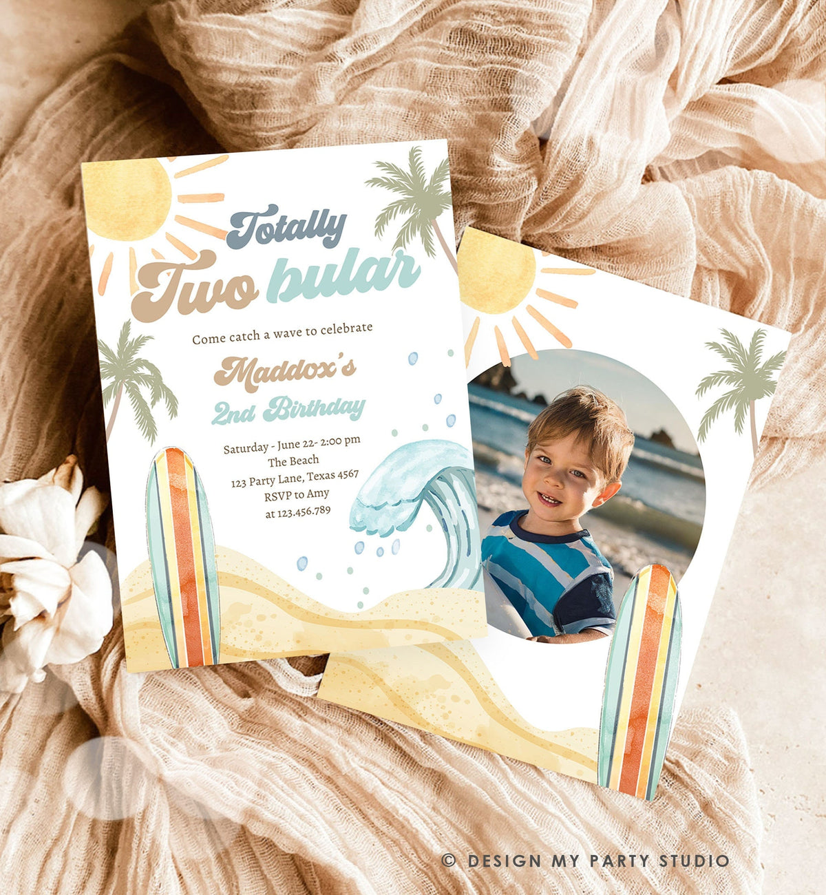Editable Totally Two-Bular Surf 2nd Birthday Invitation Retro Surfboard Beach Party Wave Surfer Boho Download Template Corjl Digital 0433