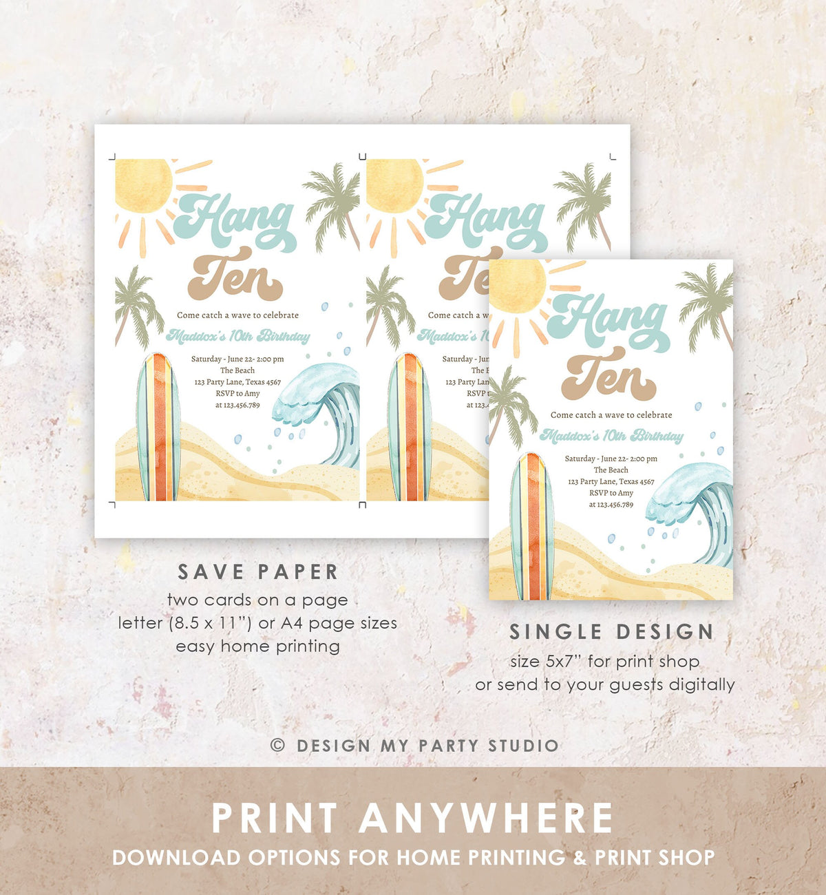 Editable Hang Ten Surf 10th Birthday Invitation Retro Surfboard Beach Party Wave Boy Dude Surfer Boho Digital Evite Template Printable 0433