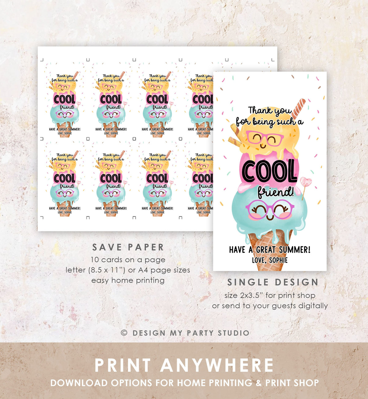 Editable Last Day of School Tag Cool Friend Ice Tag Summer End Of School Year Ice Cream Cool Treat Summer Digital Template Printable 0464