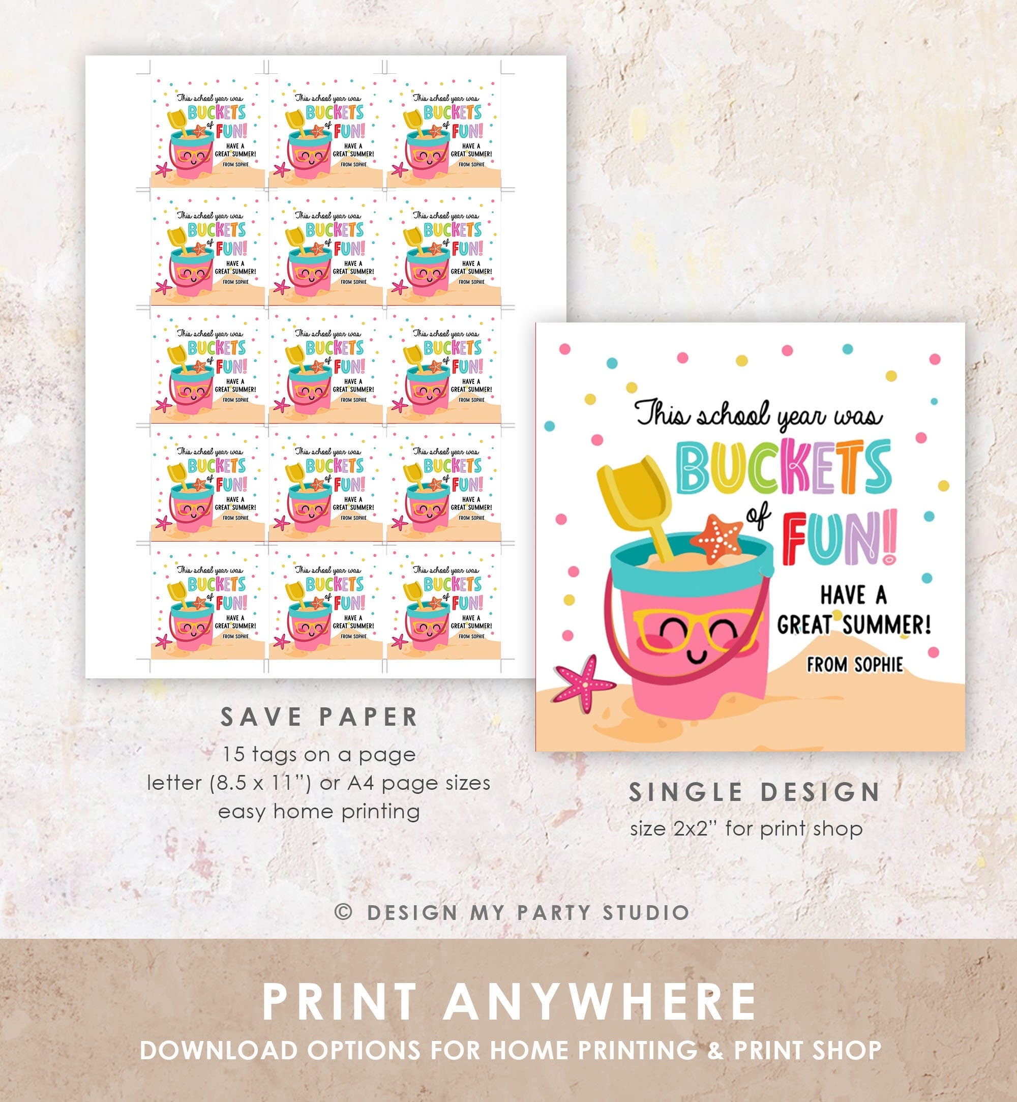 Editable Last Day of School Tag Buckets of Fun Summer End Of Year Tag Classroom Beach Teacher Appreciation Digital Template Printable 0464