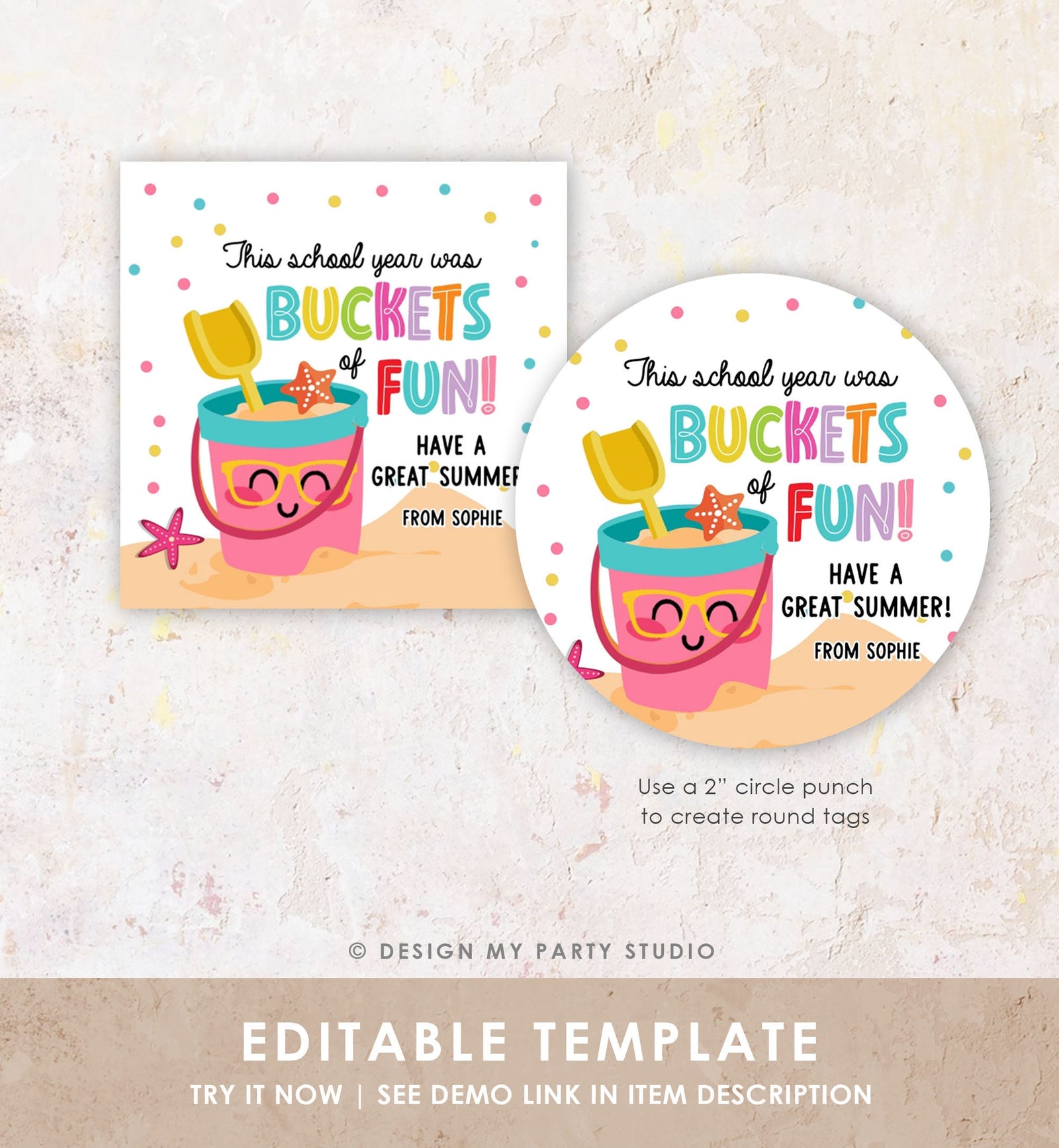 Editable Last Day of School Tag Buckets of Fun Summer End Of Year Tag Classroom Beach Teacher Appreciation Digital Template Printable 0464