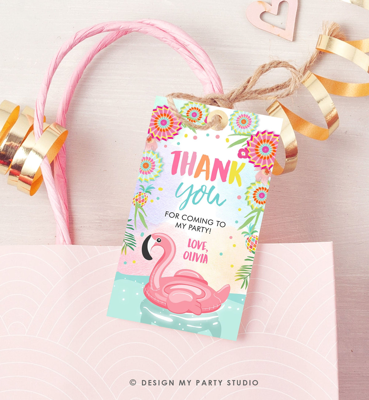 Editable Flamingo Favor Tag Tropical Aloha Luau Party Thank You Tags Birthday Pool Party Pink Gold Label Corjl Template Printable 0240