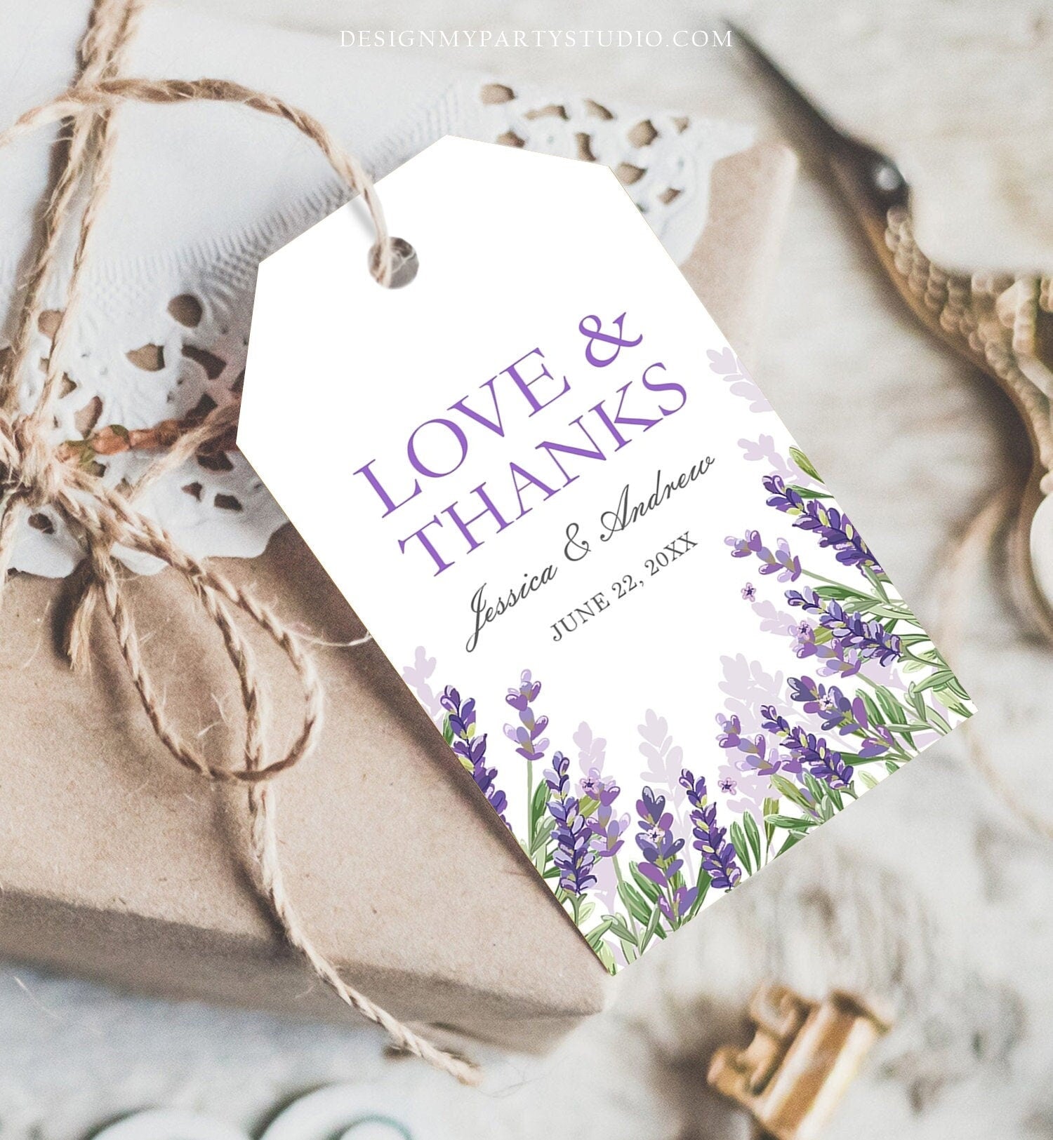 Editable Lavender Favor Tag Thank You Love and Thanks Wedding Bridal Shower Greenery Lilac Blush Purple Corjl Template Printable 0206
