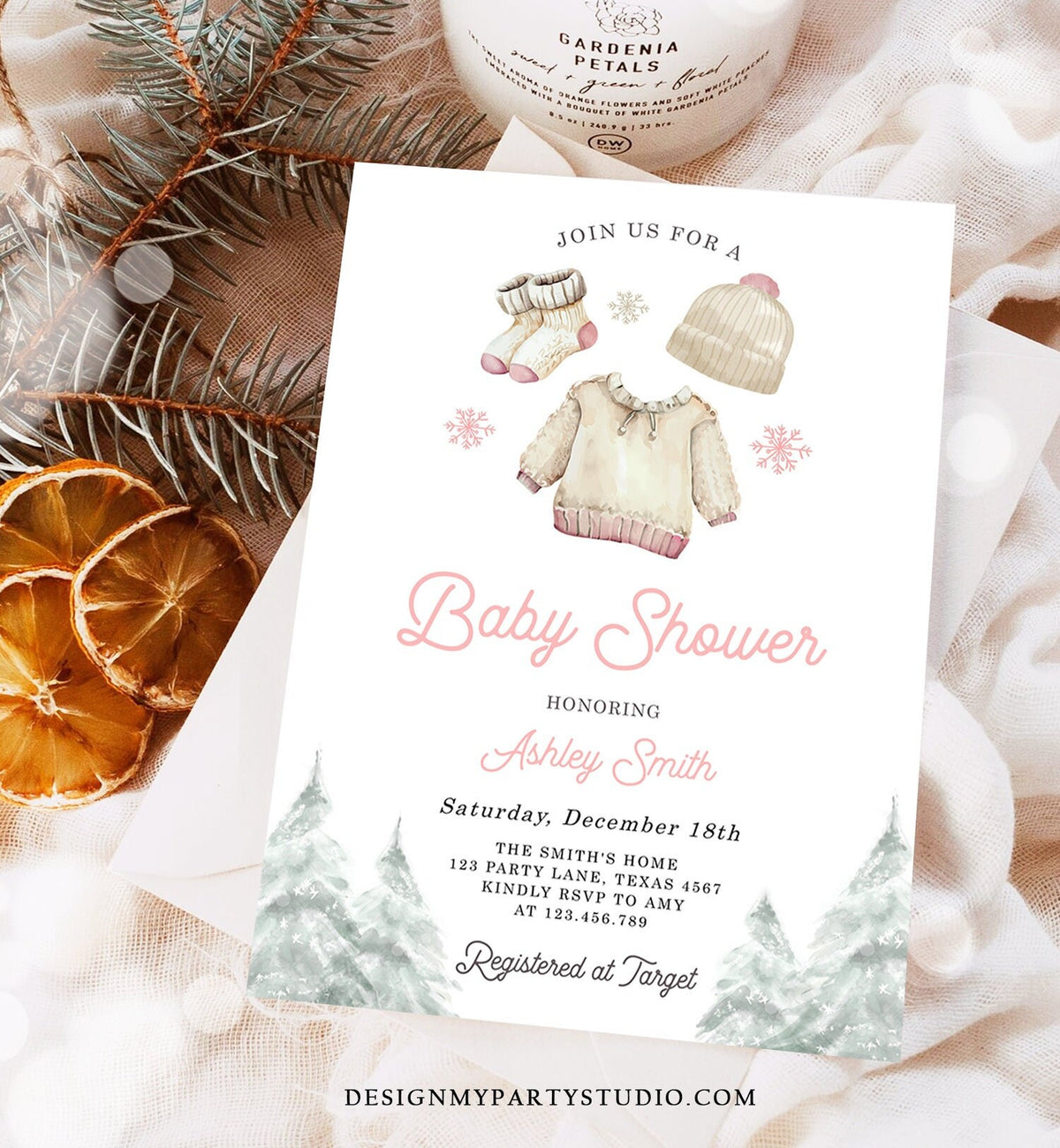 Editable Winter Baby Shower Girl Baby It&#39;s Cold Outside Invitation Christmas Pink Baby Clothes Watercolor Digital Template Printable 0491