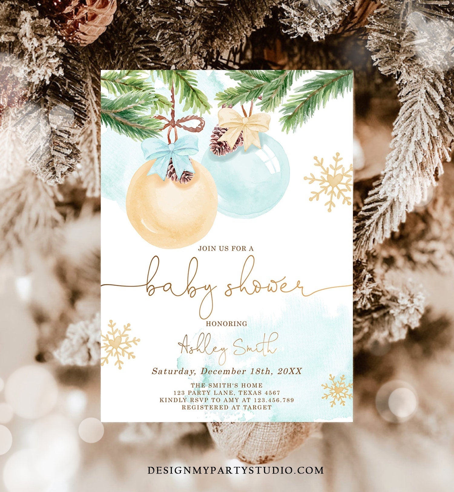 Editable Winter Baby Shower Invitation Baby It's Cold Outside Christmas Baby Shower Boy Blue Watercolor Digital Template Printable 0490
