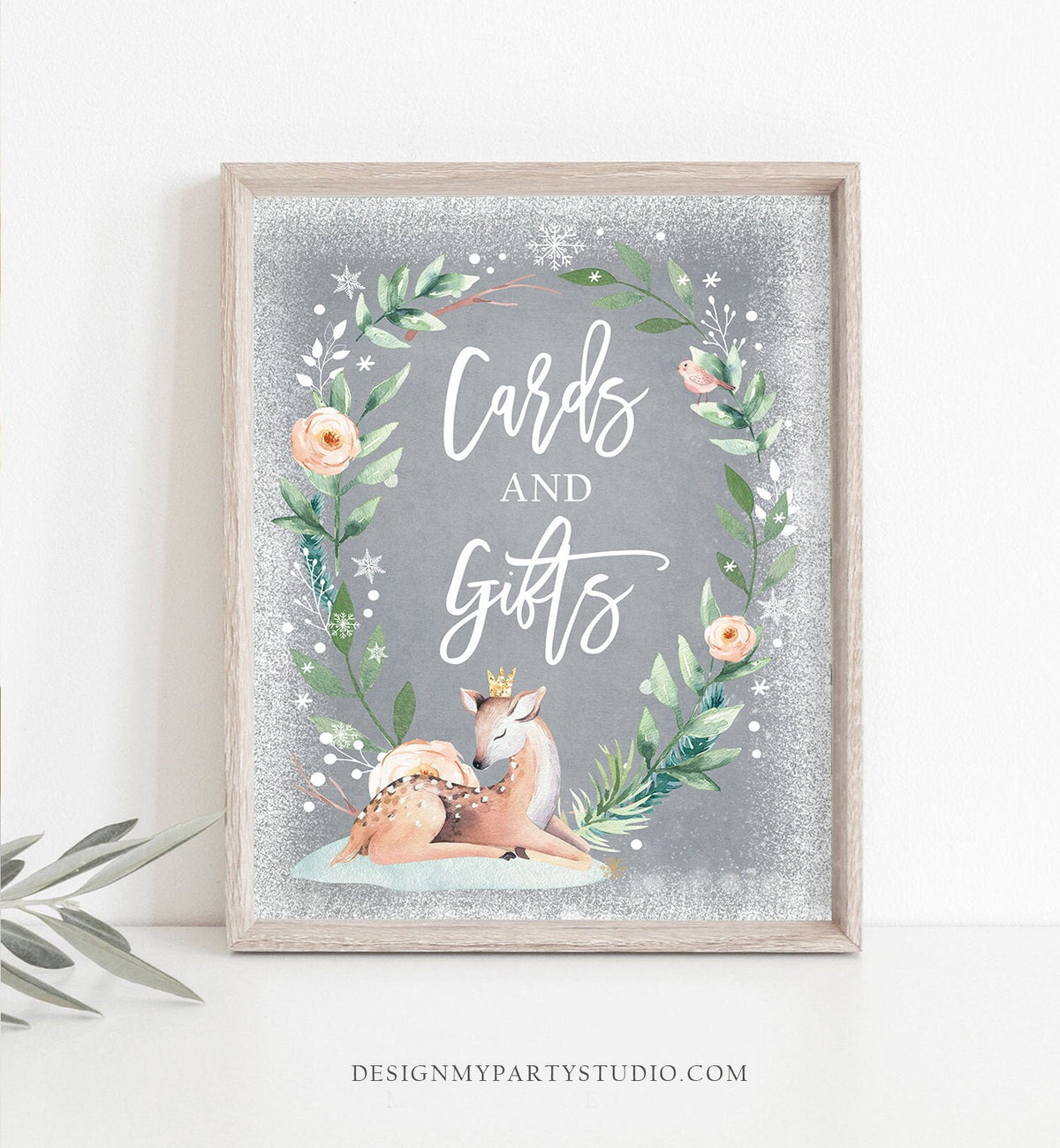 Cards and Gifts Sign Deer Winter Onederland First Birthday Party Wonderland Girl Pink Gold Table Sign Decor Instant Download Printable 0265