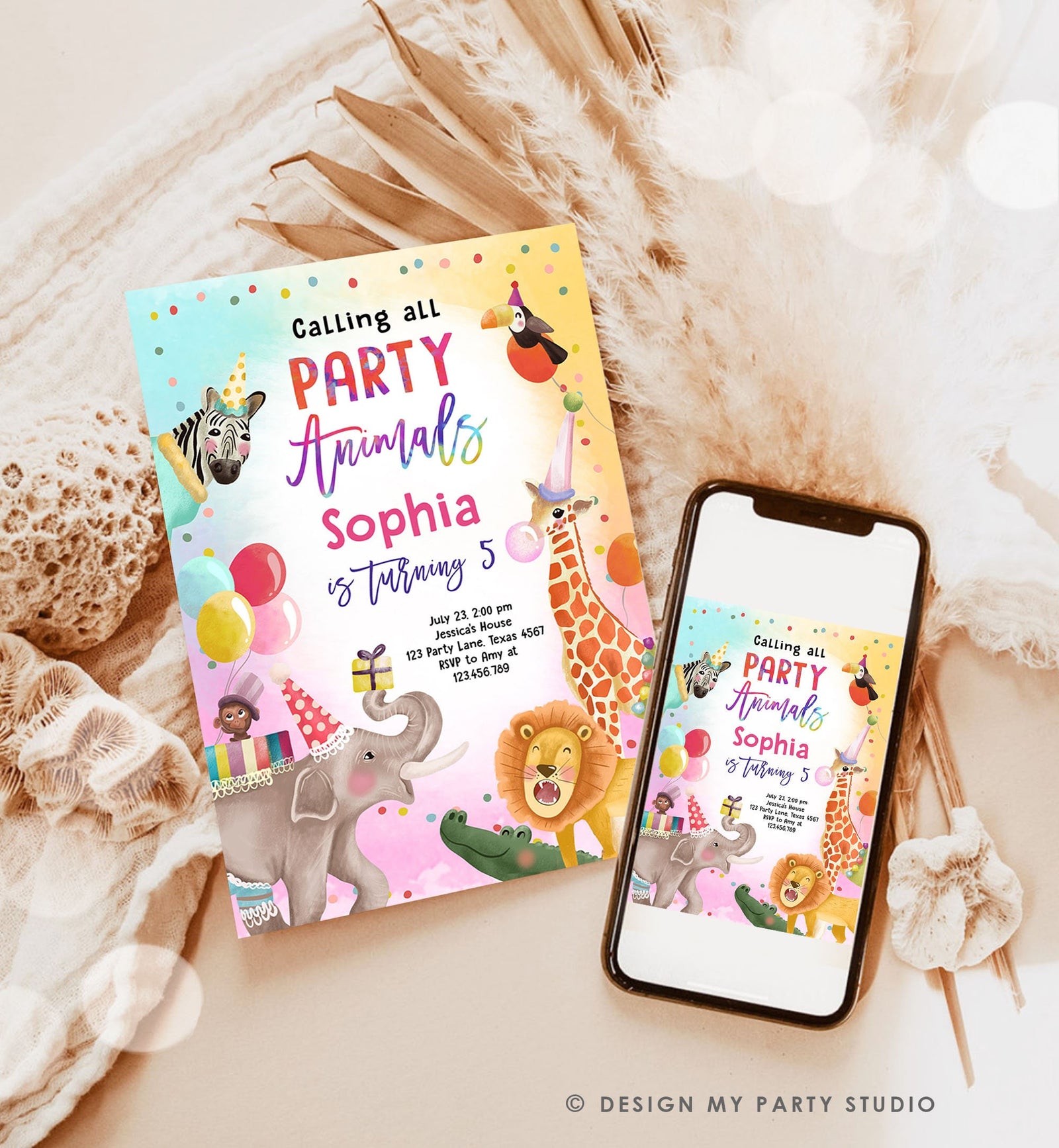 Editable Calling All Party Animals Birthday Invitation Wild One Jungle Zoo Safari Animals Boy Girl Digital Download Template Printable 0512