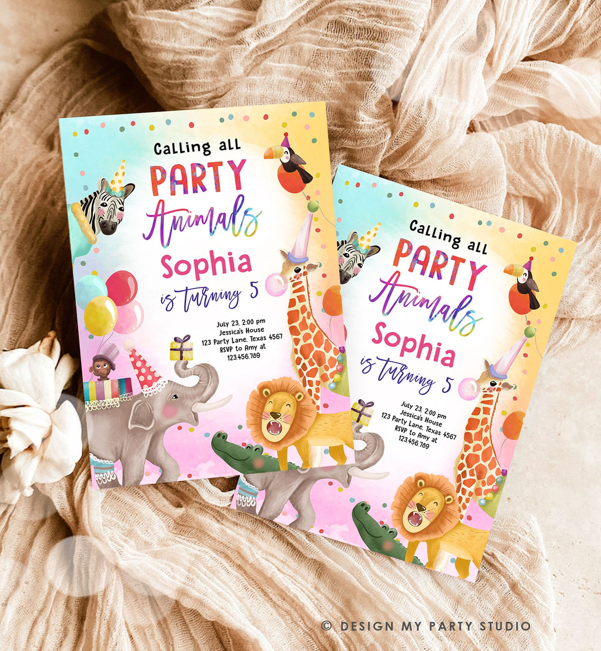 Editable Calling All Party Animals Birthday Invitation Wild One Jungle Zoo Safari Animals Boy Girl Digital Download Template Printable 0512