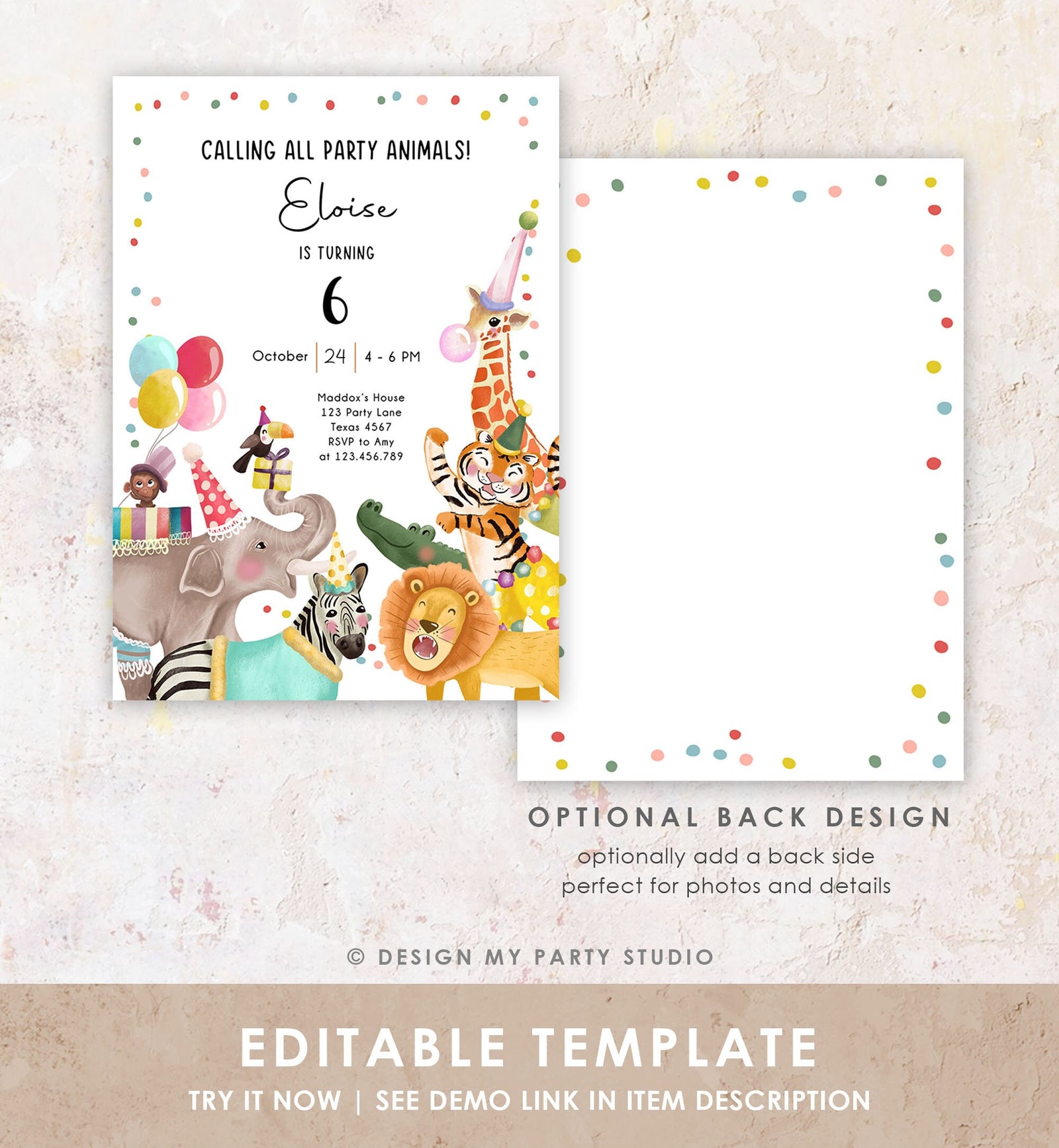 Editable Calling All Party Animals Birthday Invitation Wild One Jungle Zoo Safari Animals Boy Girl Digital Download Template Printable 0482