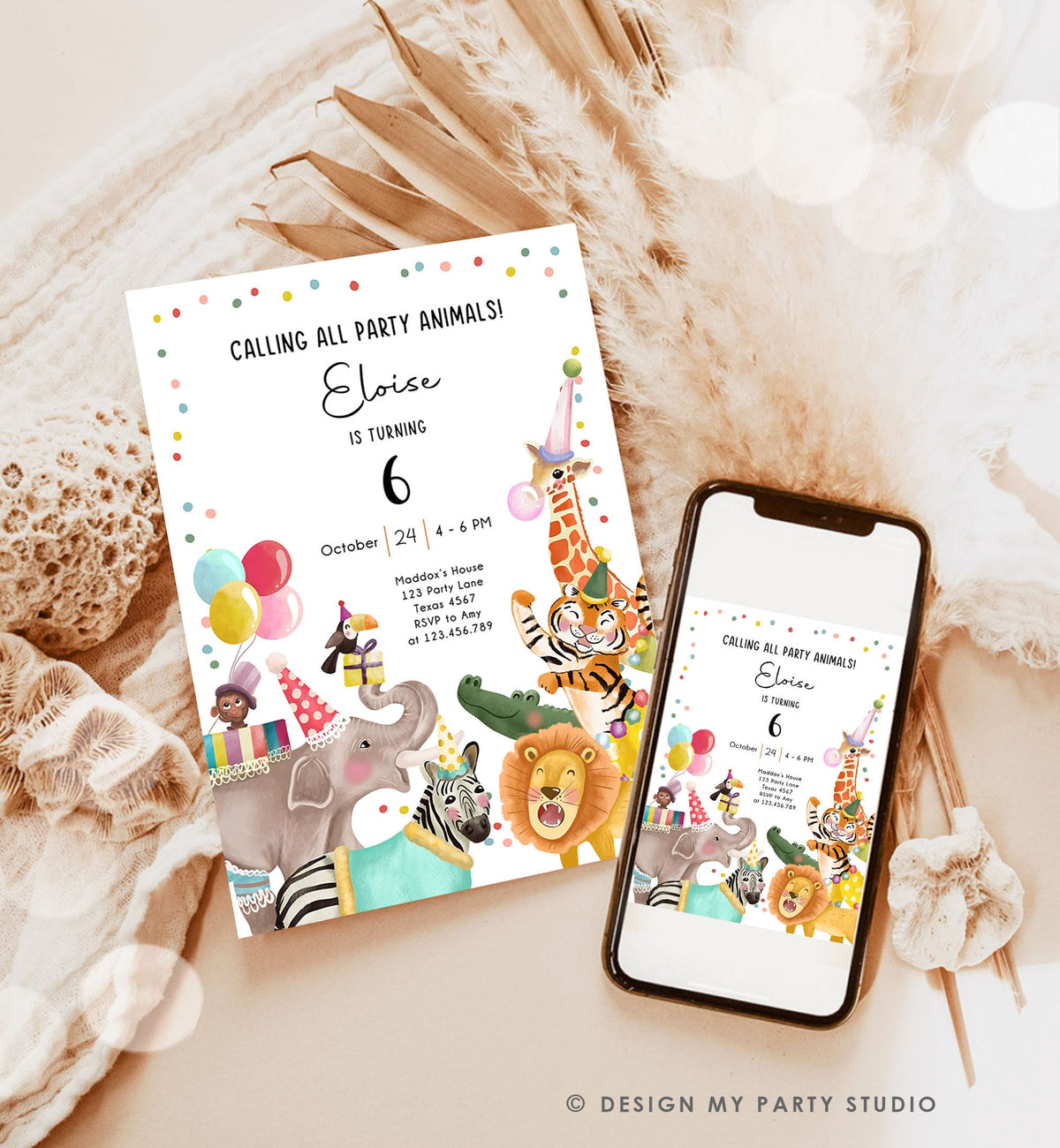 Editable Calling All Party Animals Birthday Invitation Wild One Jungle Zoo Safari Animals Boy Girl Digital Download Template Printable 0482