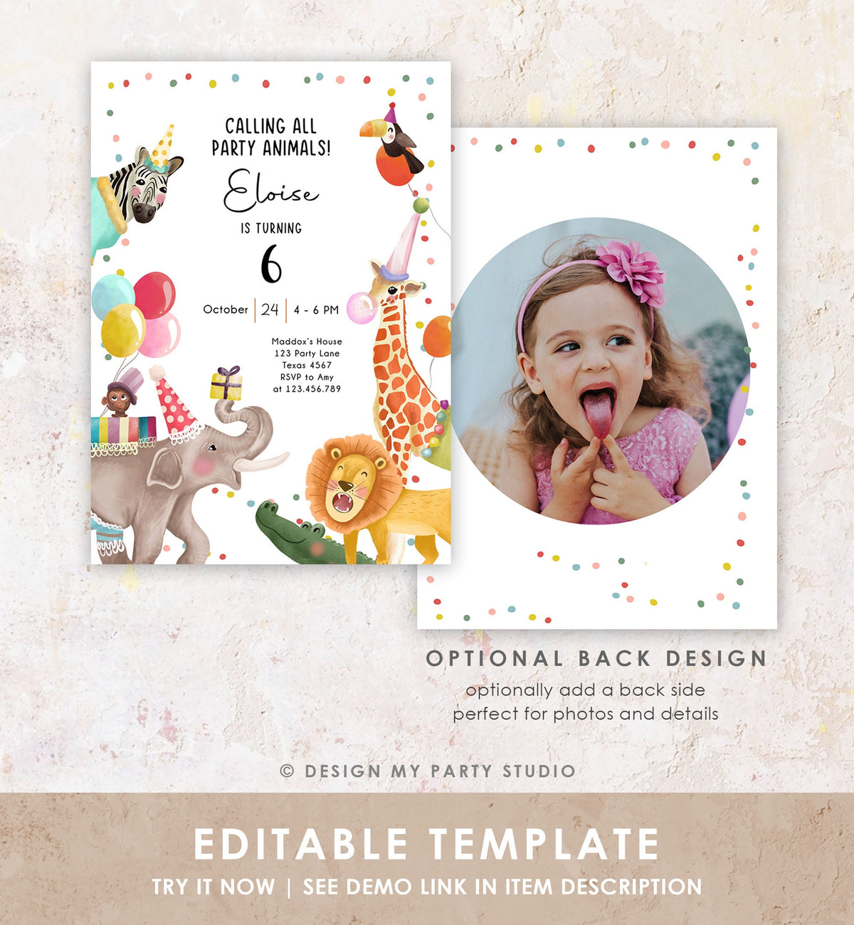 Editable Calling All Party Animals Birthday Invitation Wild One Jungle Zoo Safari Animals Digital Download Evite Template Printable 0482