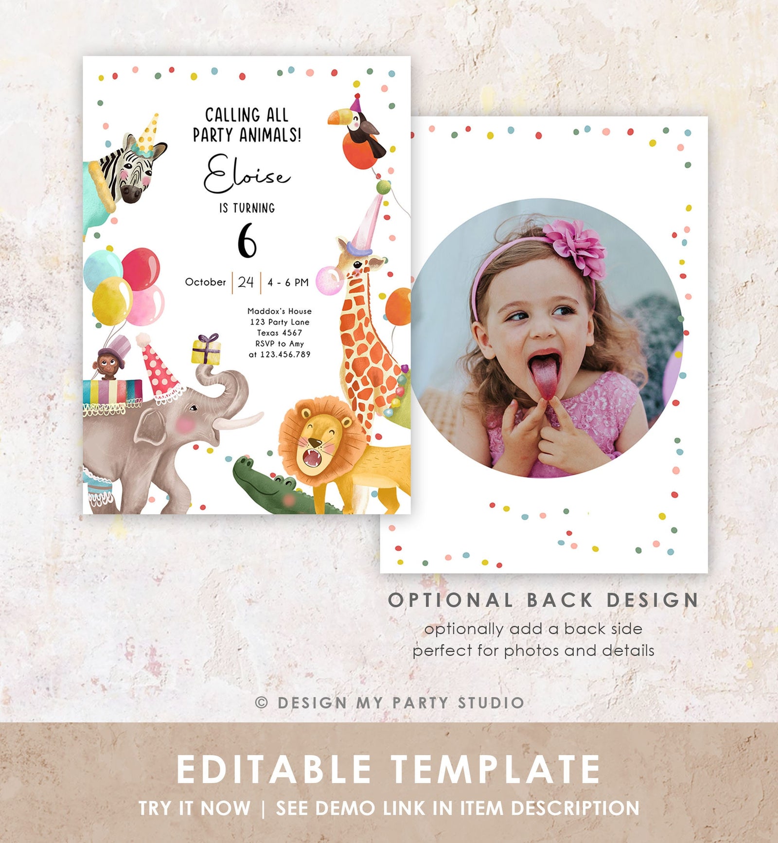 Editable Calling All Party Animals Birthday Invitation Wild One Jungle Zoo Safari Animals Digital Download Evite Template Printable 0482