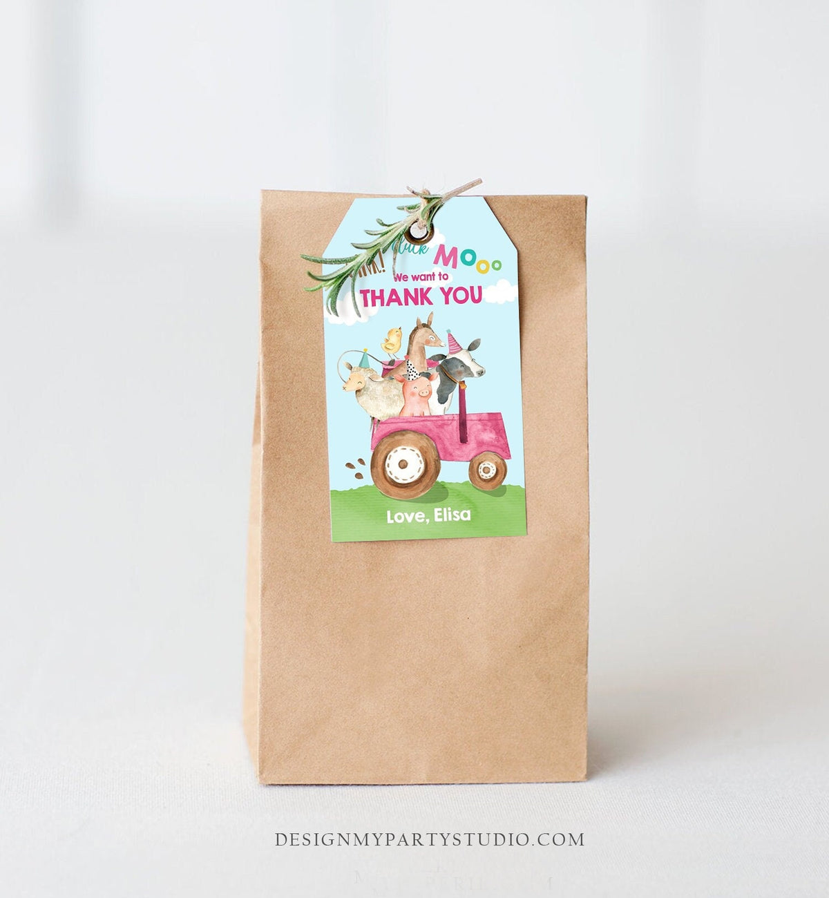 Editable Farm Favor Tags Tags Pink Farm Birthday Thank you tags Barnyard Gift Tags Pink Tractor Birthday Template PRINTABLE Corjl 0155