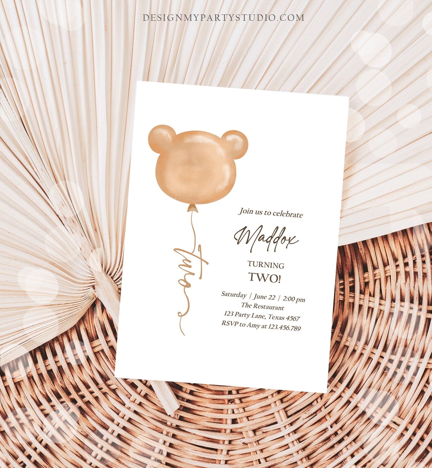 Editable Bear Birthday Invitation 2nd Birthday Bear Balloon Teddy Bears Picnic Neutral Boho Printable Template Instant Download Corjl 0439