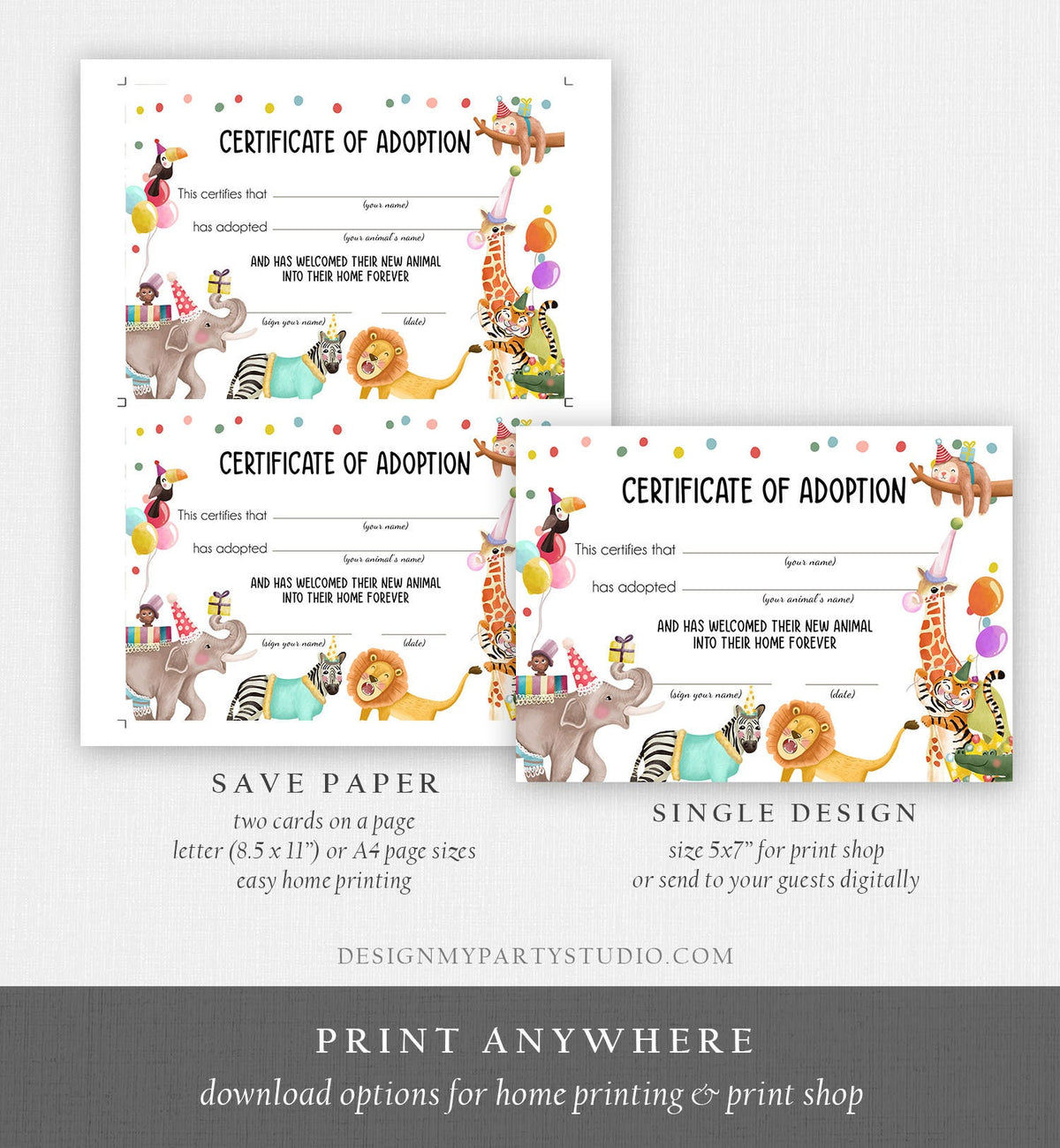 Adopt an Animal Adoption Certificate Safari Adoption Wild One Birthday Party Animals Birthday Instant Download Digital PRINTABLE 0482