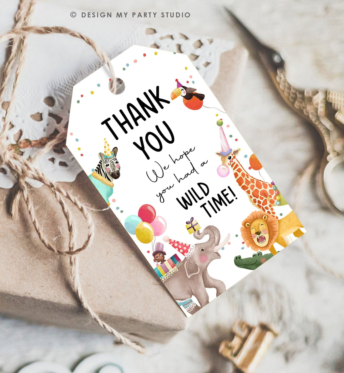 Editable Party Animals Favor Tags Wild One Animals Thank You Tags Safari Zoo Animals Birthday Wild Time Gift Tag Digital Corjl Template 0482