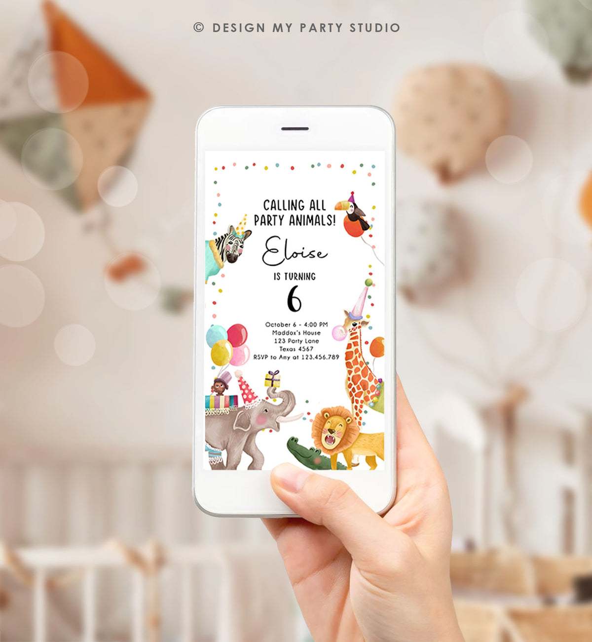 Editable Party Animals Birthday Evite Wild One Animals Invite Zoo Safari Animals Girl Digital Download Evite Template 0482