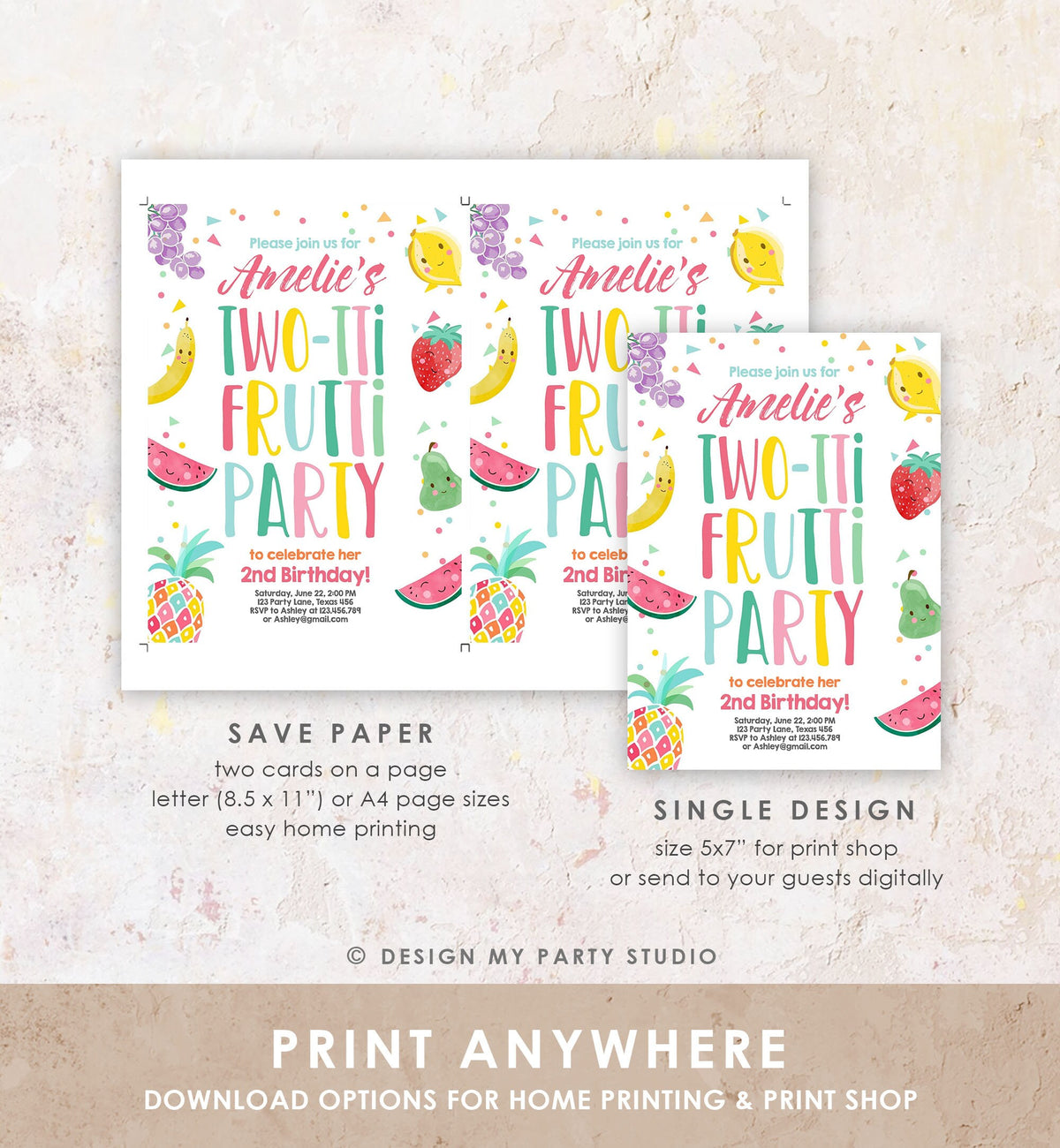 Editable Two-tti Frutti Birthday Invitation Two-tti Fruiti Fruit Second 2nd Birthday Tropical Summer Digital Corjl Template Printable 0139